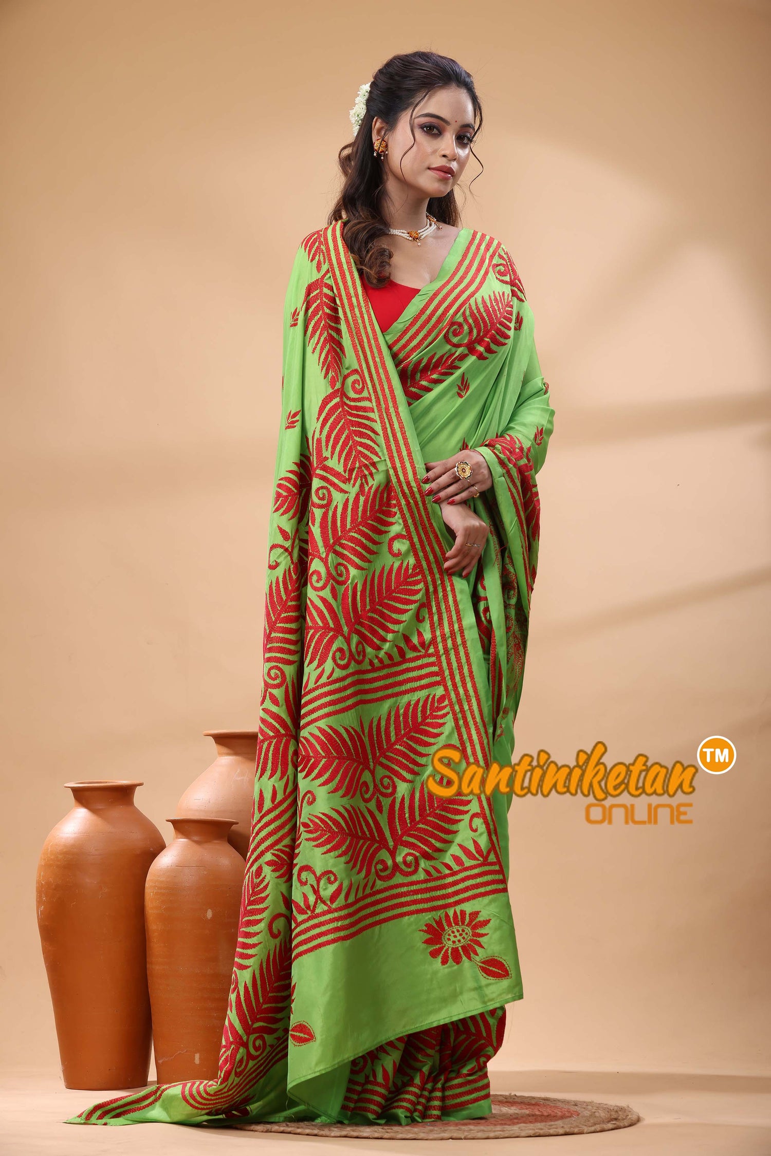 Bangalore Silk Kantha Stitch Saree
