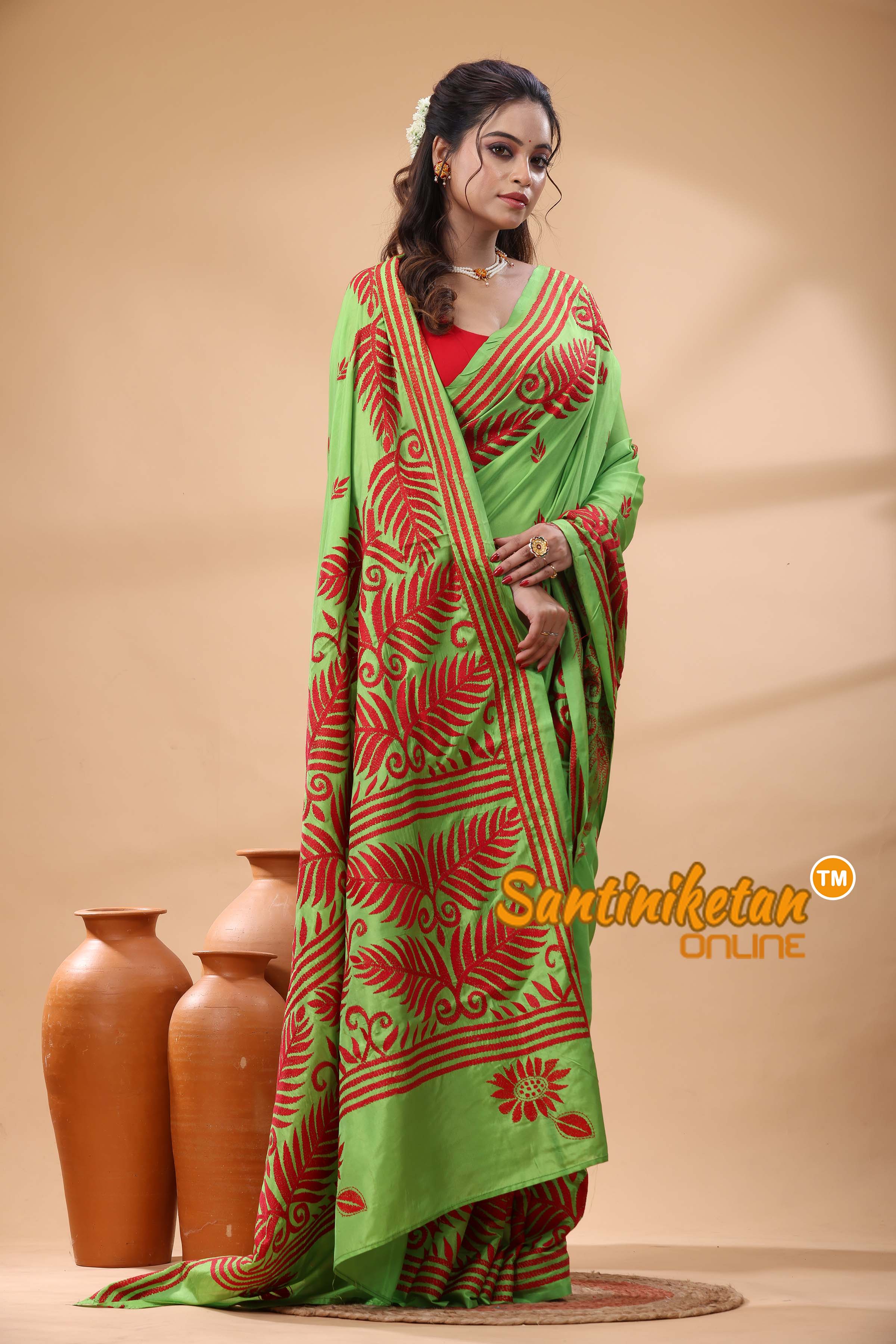 Bangalore Silk Kantha Stitch Saree