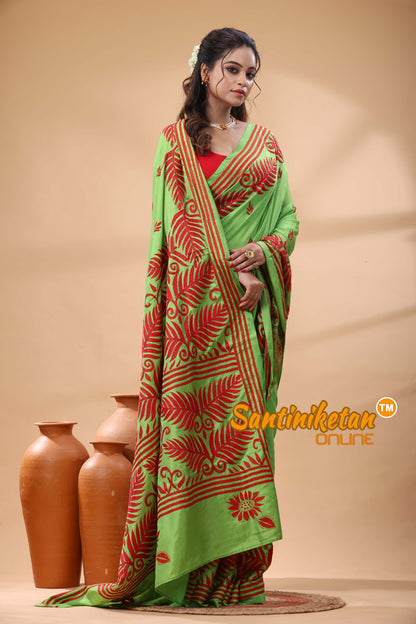 Bangalore Silk Kantha Stitch Saree