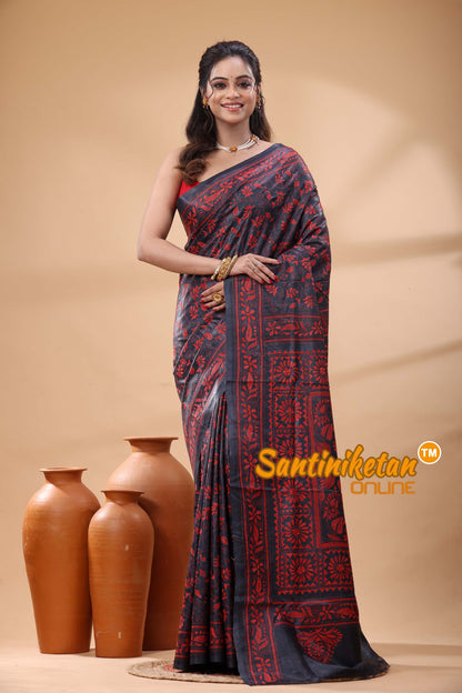 Pure Gachi Black Dye Tussar Silk Kantha Stitch Saree