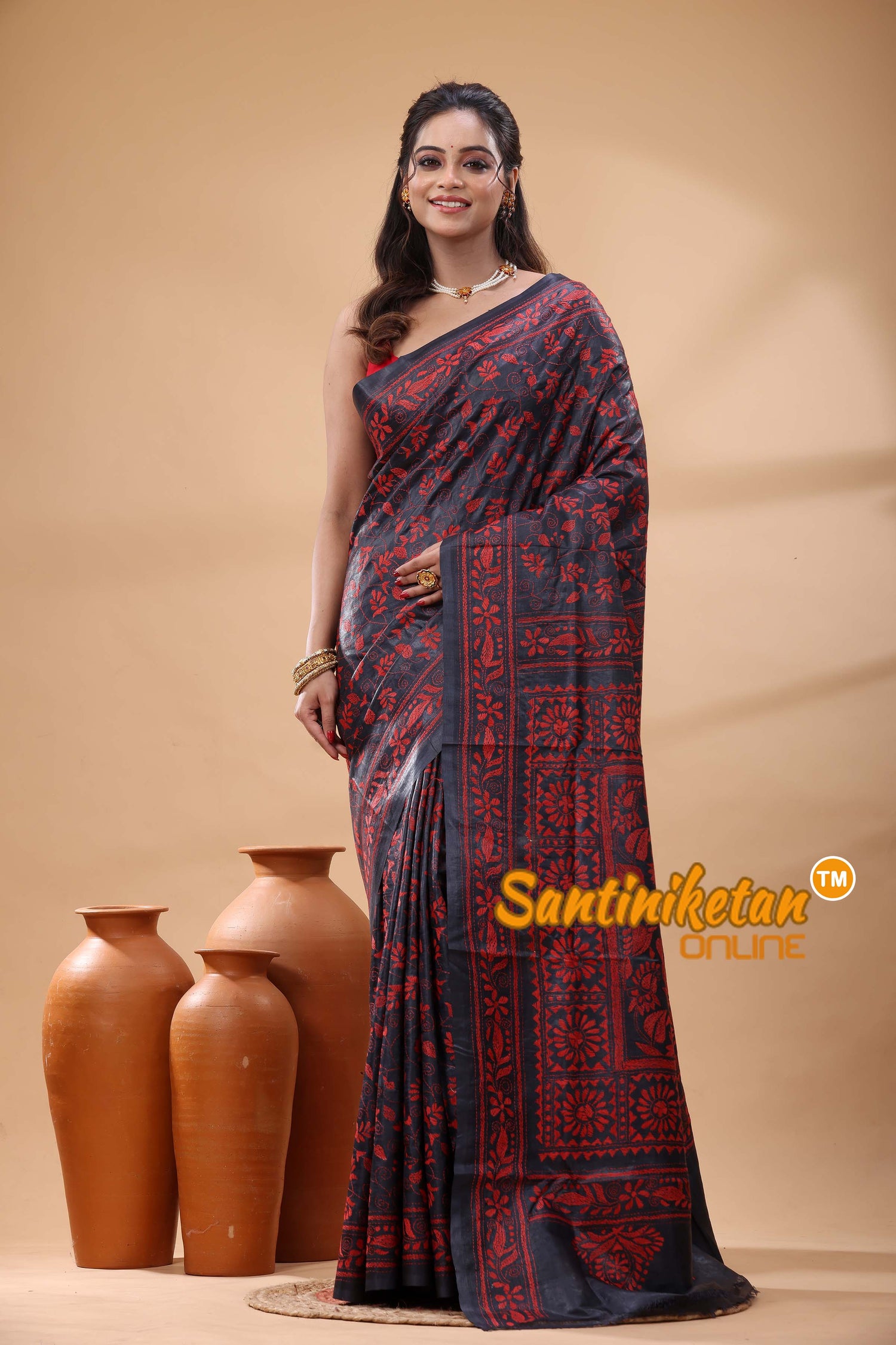 Pure Gachi Black Dye Tussar Silk Kantha Stitch Saree