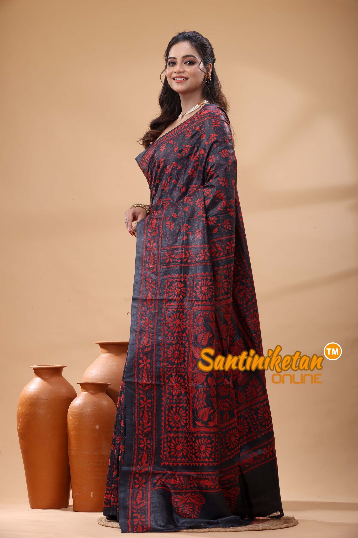 Pure Gachi Black Dye Tussar Silk Kantha Stitch Saree