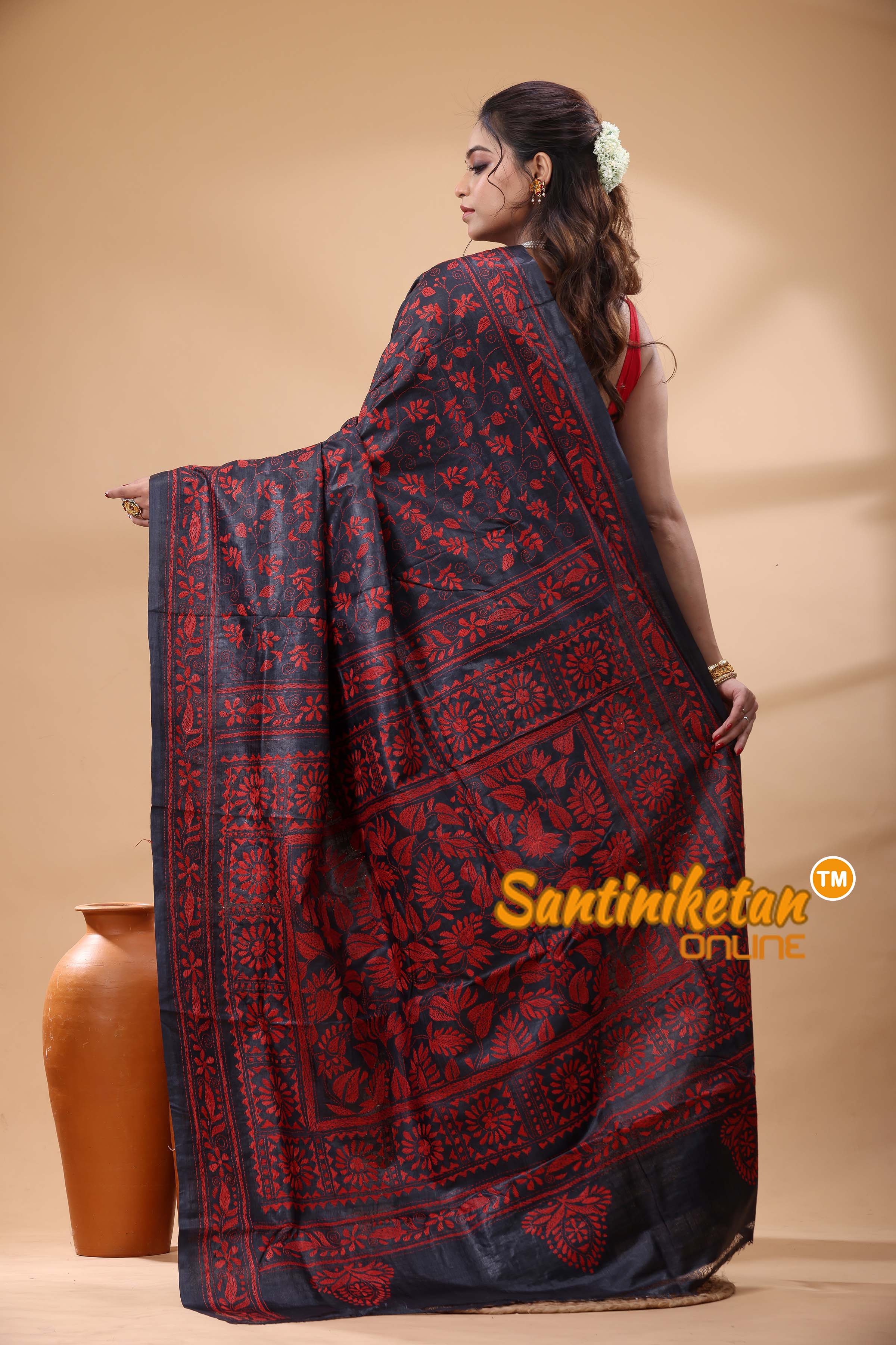 Pure Gachi Black Dye Tussar Silk Kantha Stitch Saree