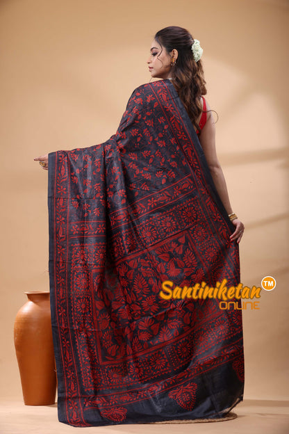 Pure Gachi Black Dye Tussar Silk Kantha Stitch Saree