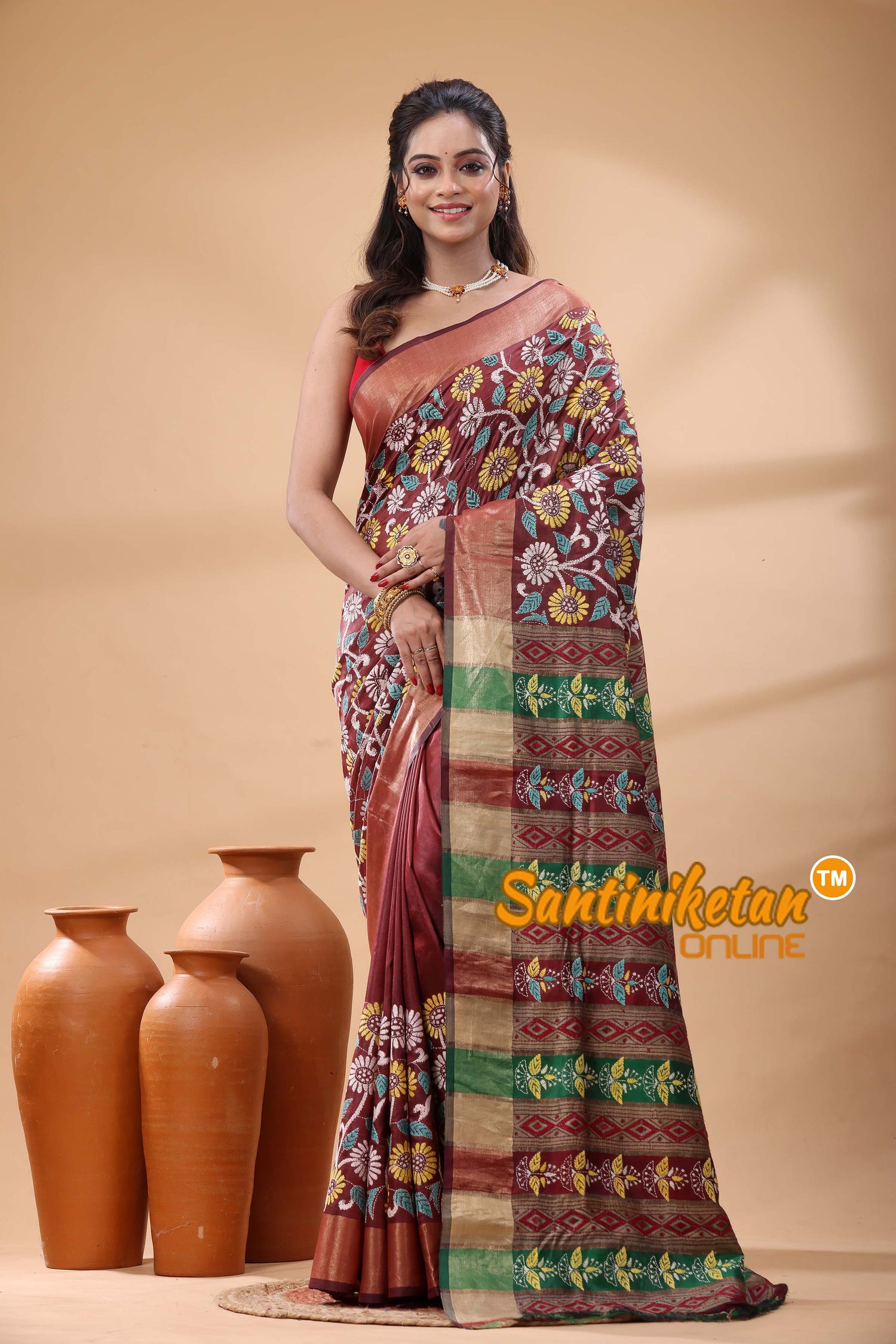 Bishnupuri (Katan) Silk Kantha Stitch Saree