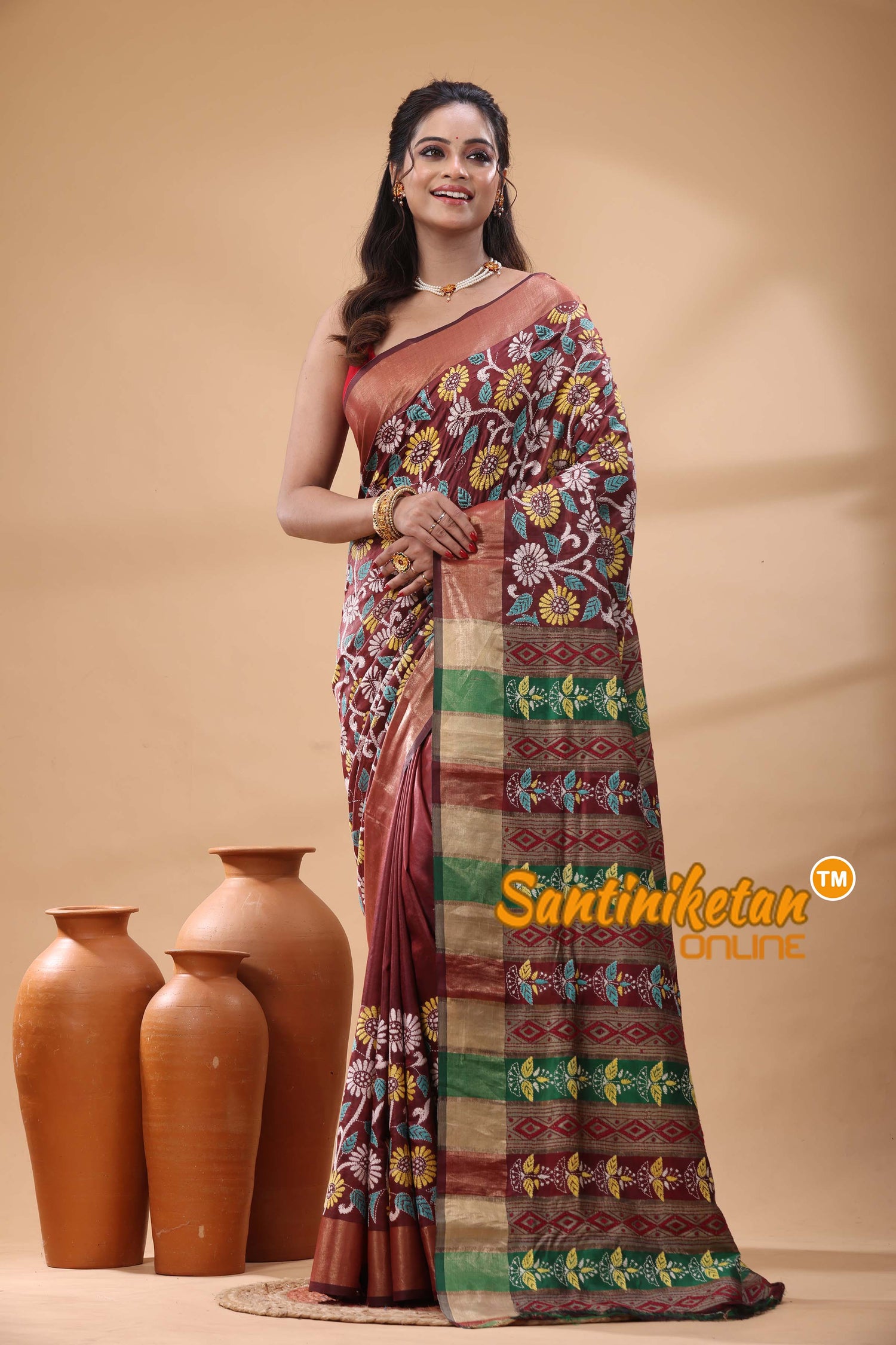 Bishnupuri (Katan) Silk Kantha Stitch Saree