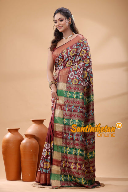 Bishnupuri (Katan) Silk Kantha Stitch Saree