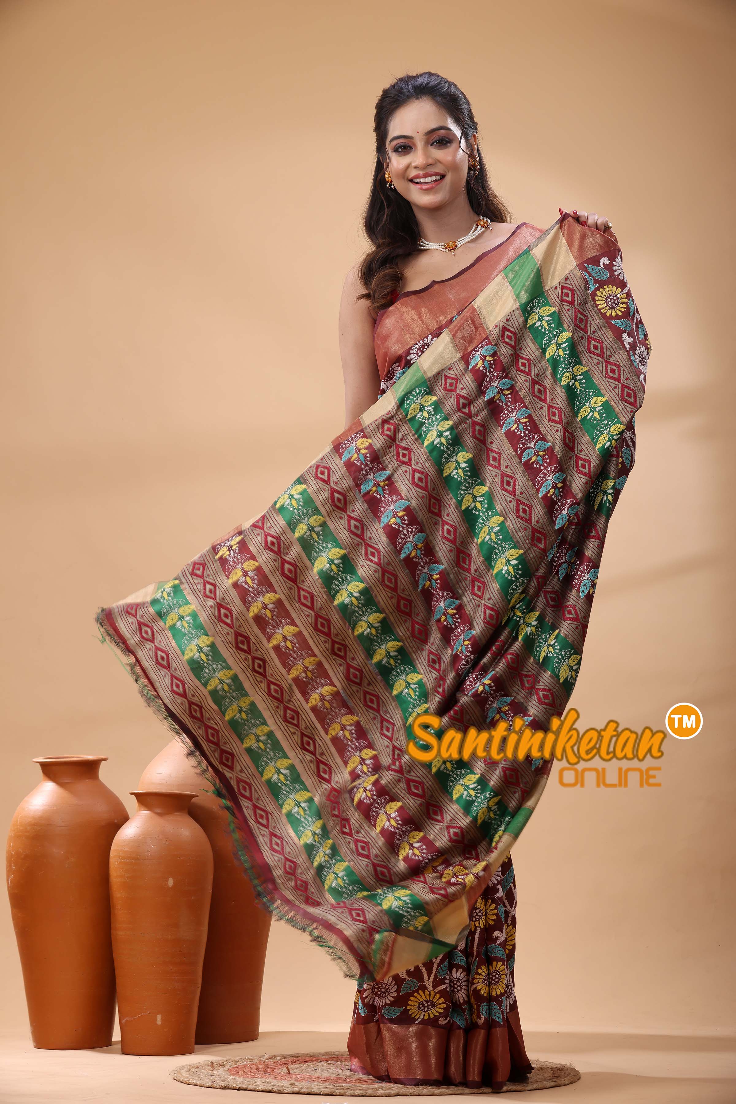 Bishnupuri (Katan) Silk Kantha Stitch Saree