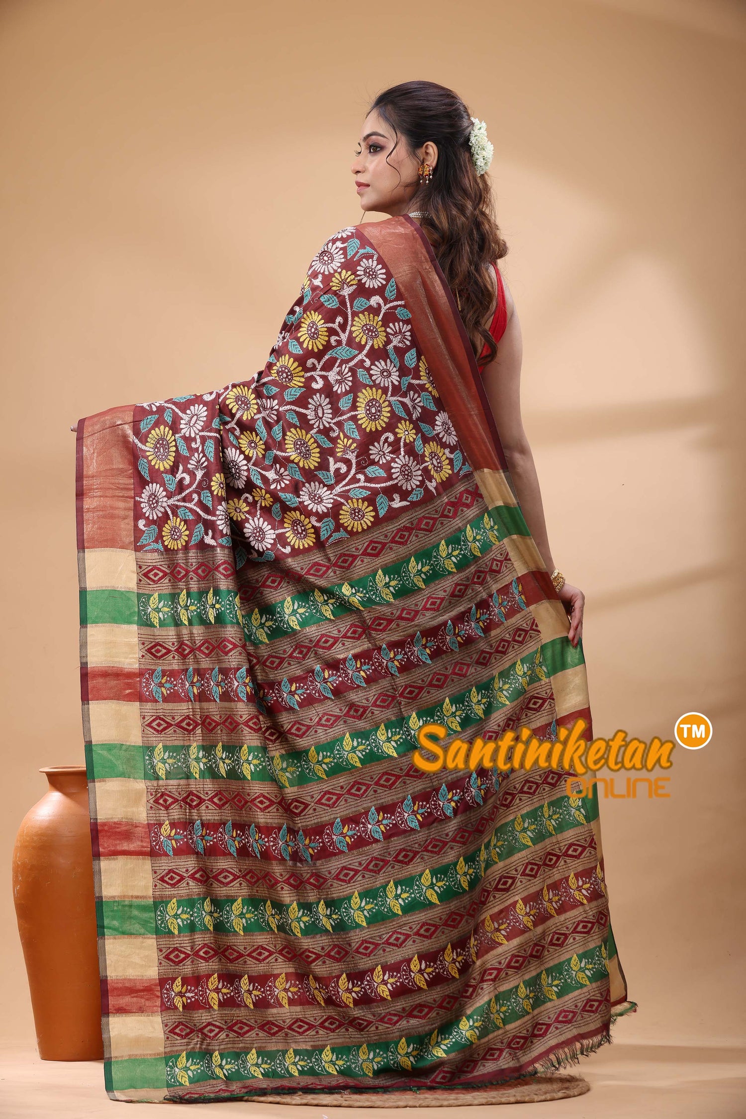 Bishnupuri (Katan) Silk Kantha Stitch Saree