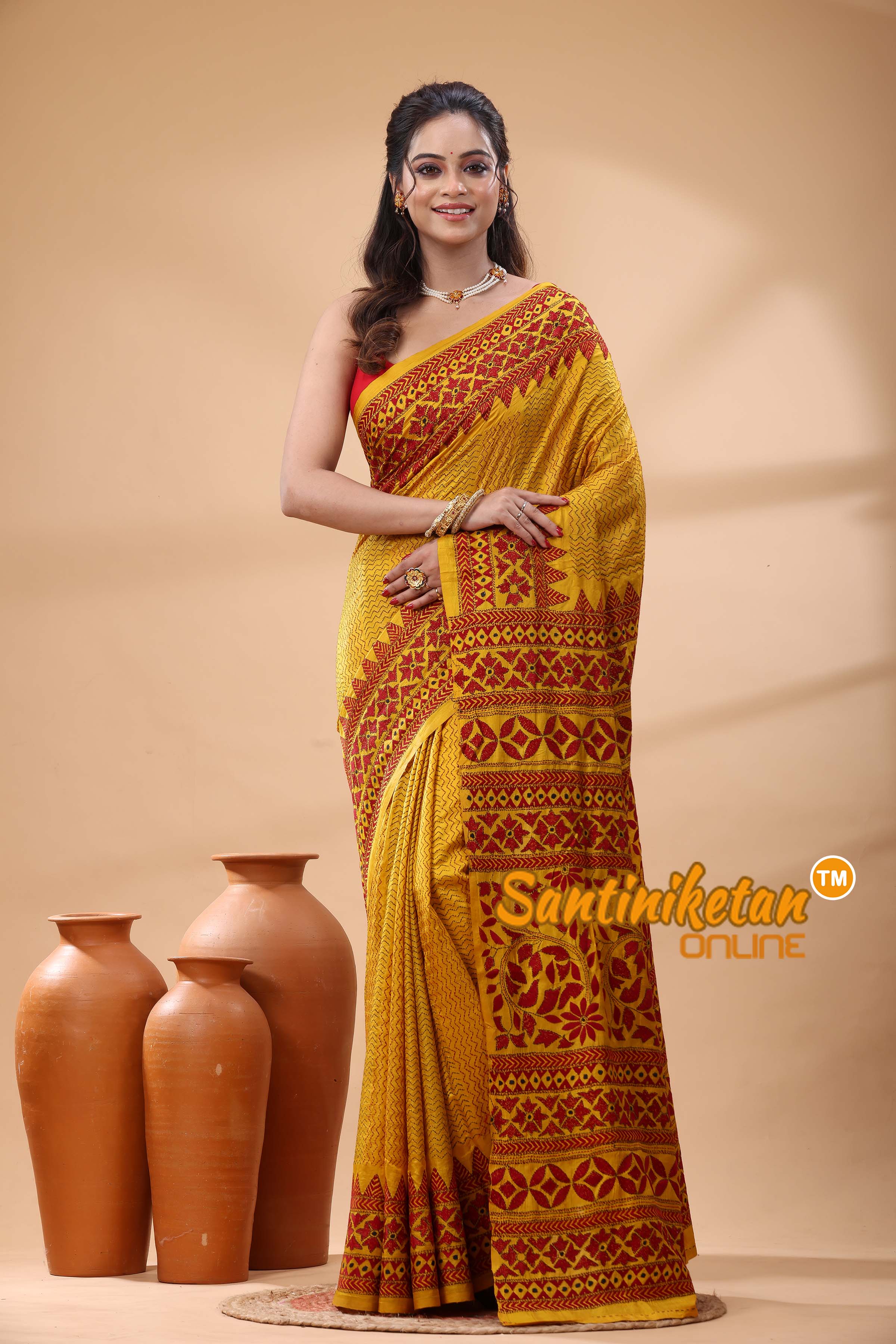 Bishnupuri (Katan) Silk Kantha Stitch Saree