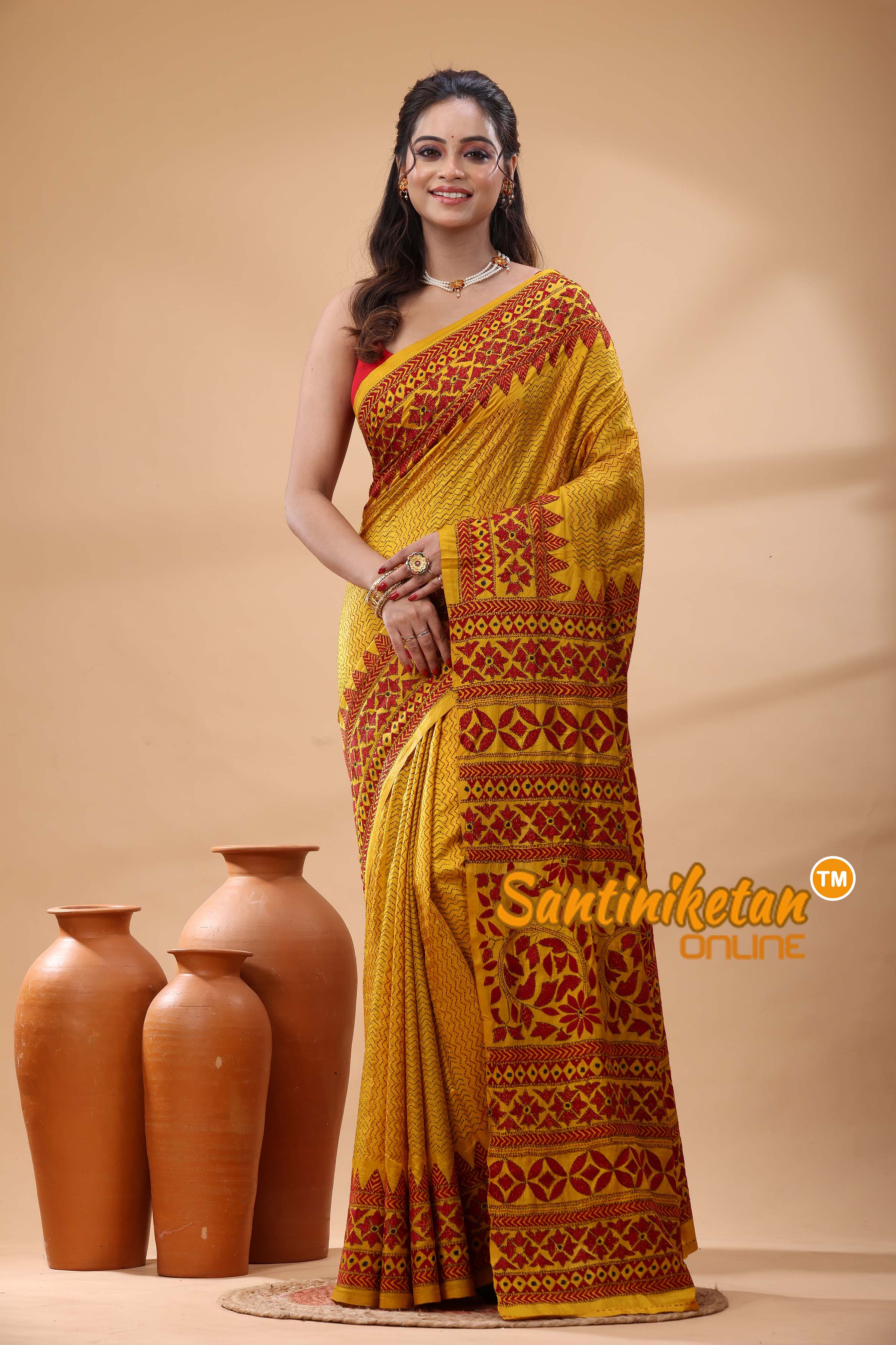 Bishnupuri (Katan) Silk Kantha Stitch Saree