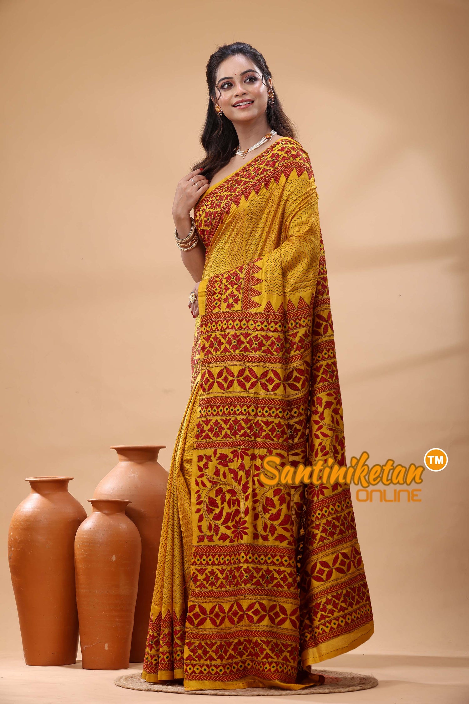 Bishnupuri (Katan) Silk Kantha Stitch Saree