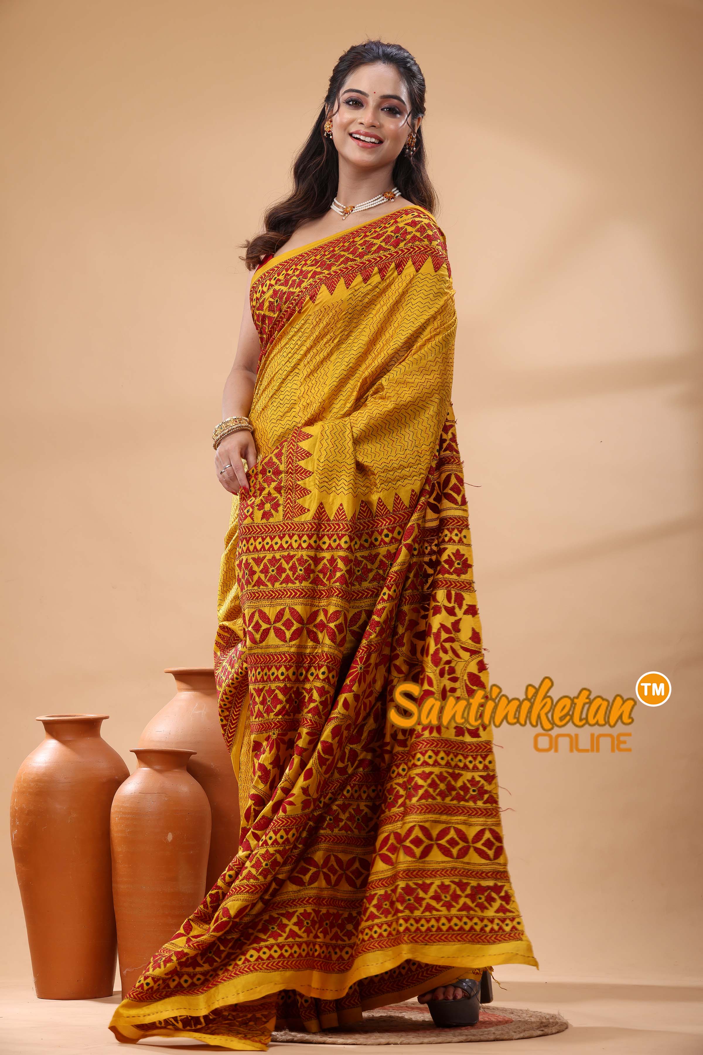 Bishnupuri (Katan) Silk Kantha Stitch Saree