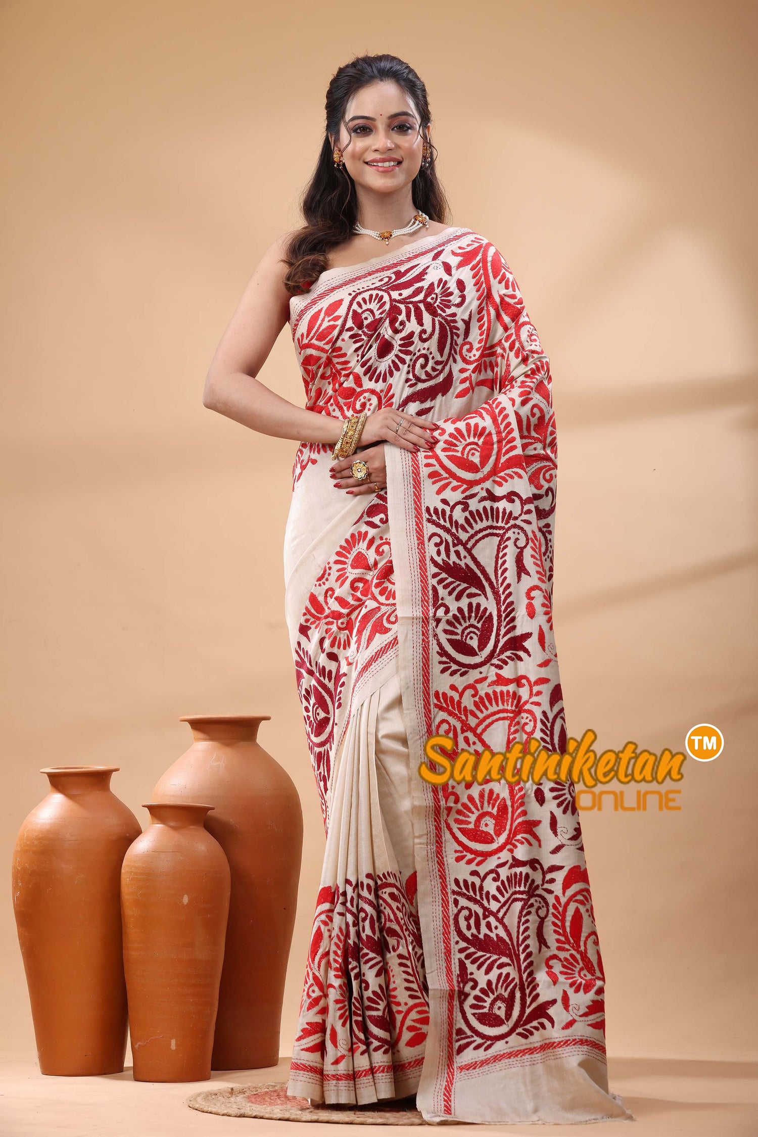 Pure Gachi Tussar Silk Kantha Stitch Saree