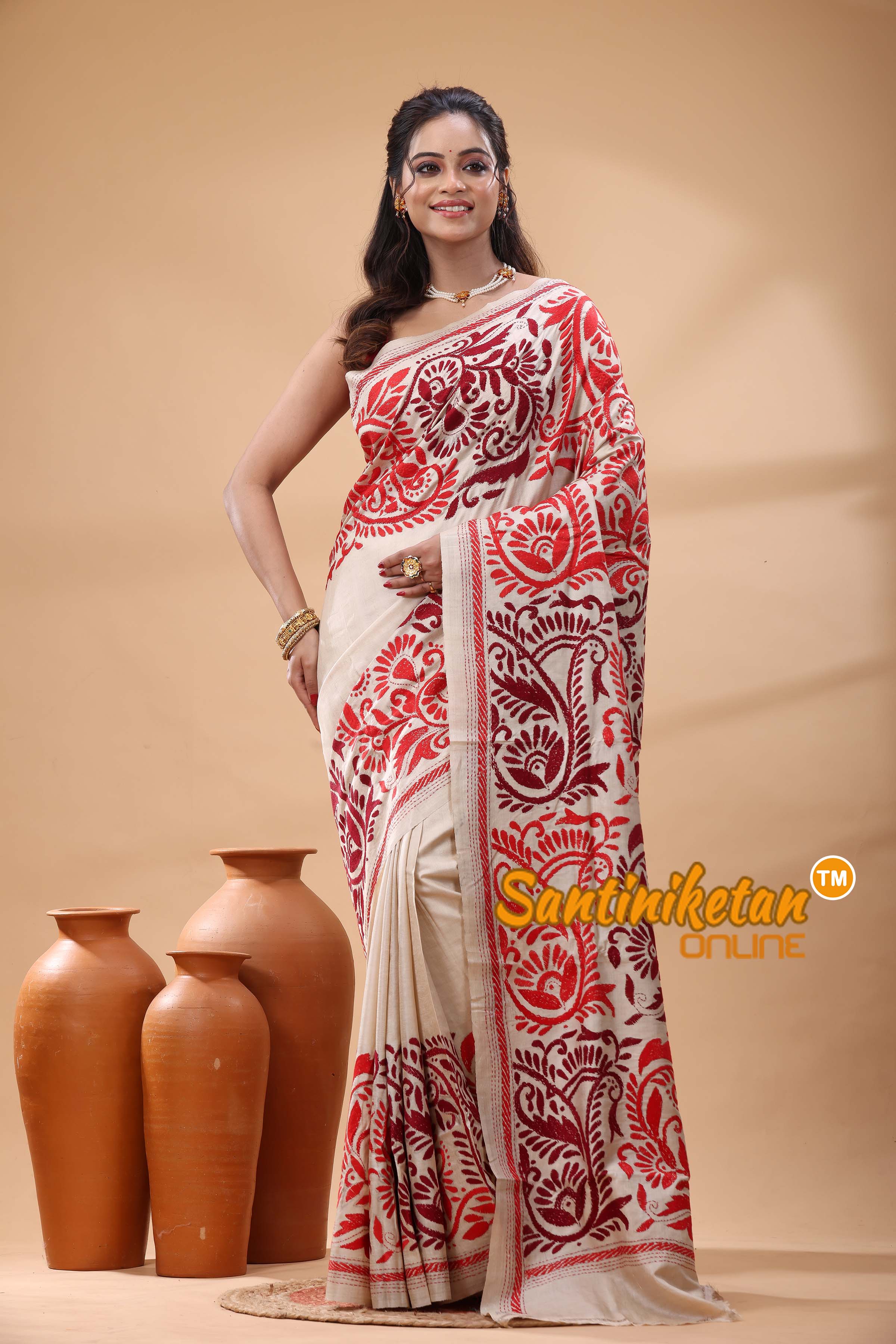 Pure Gachi Tussar Silk Kantha Stitch Saree