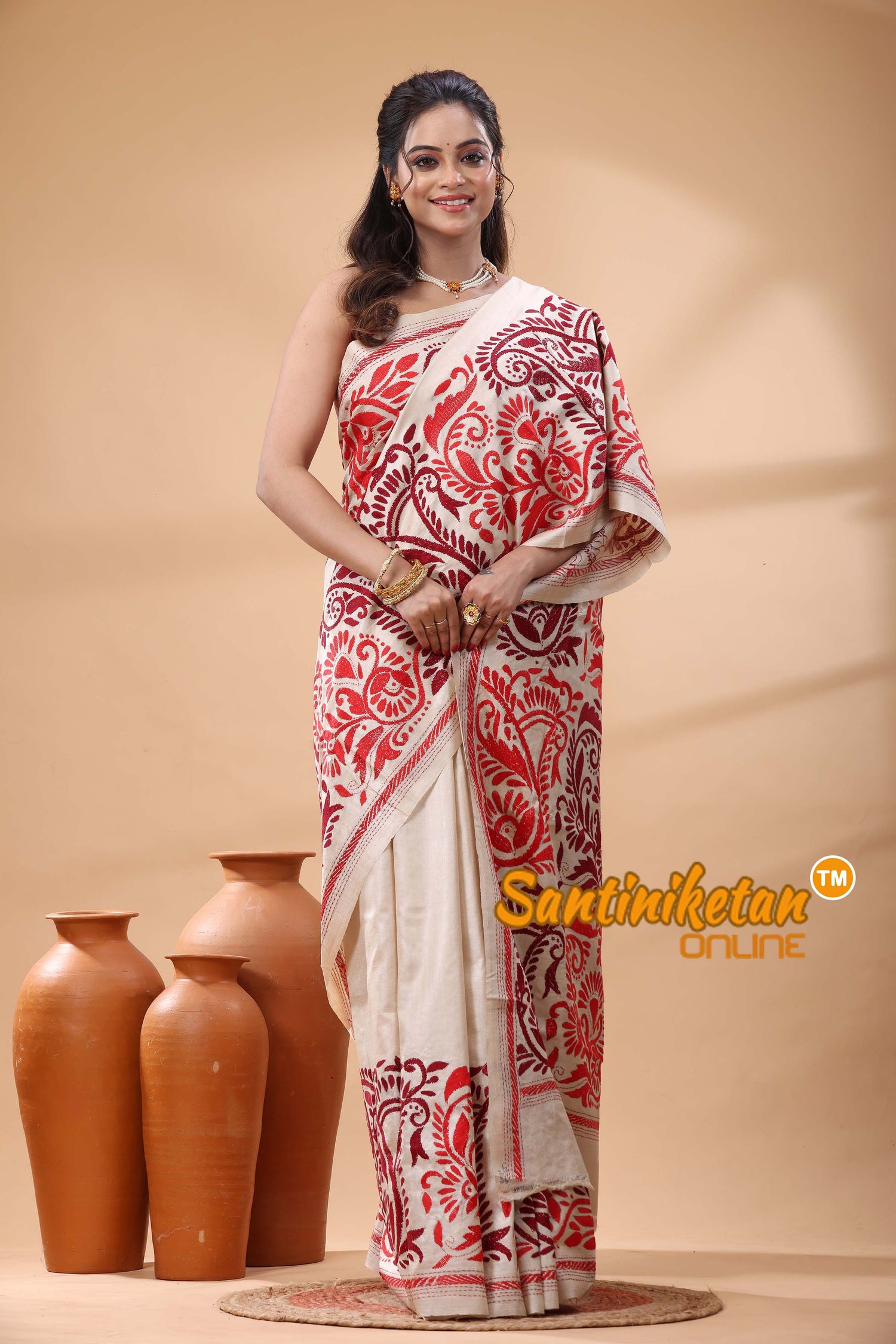 Pure Gachi Tussar Silk Kantha Stitch Saree