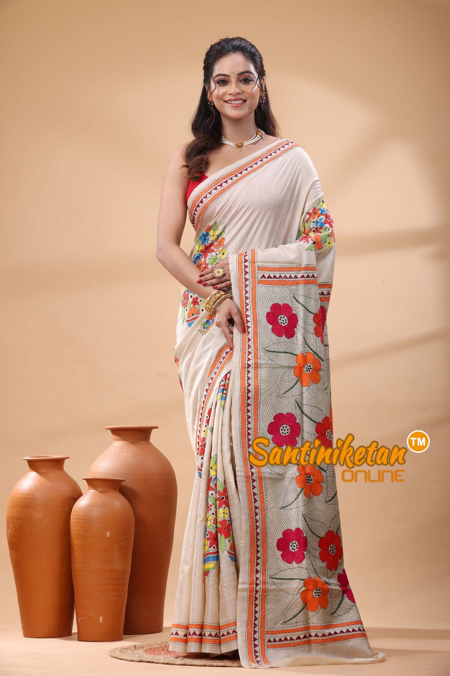 Pure Gachi Tussar Silk Kantha Stitch Saree