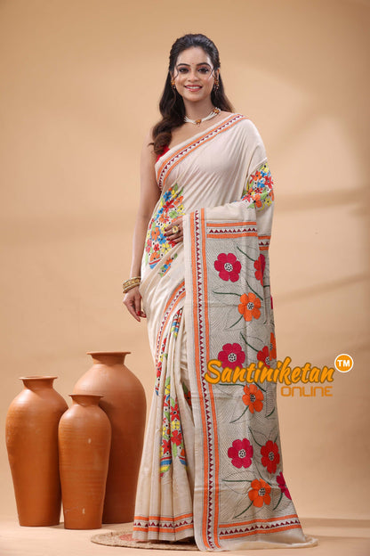 Pure Gachi Tussar Silk Kantha Stitch Saree