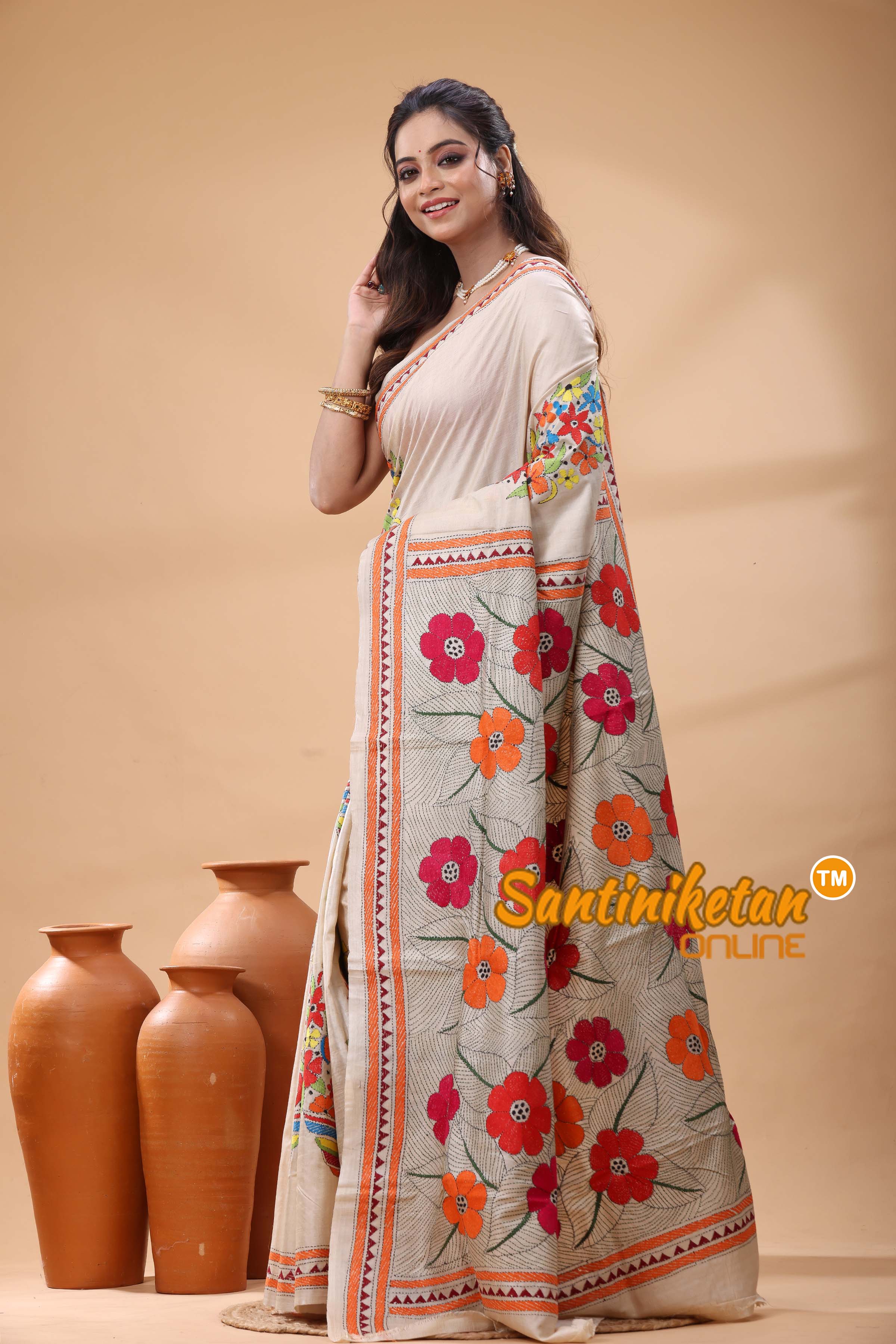 Pure Gachi Tussar Silk Kantha Stitch Saree