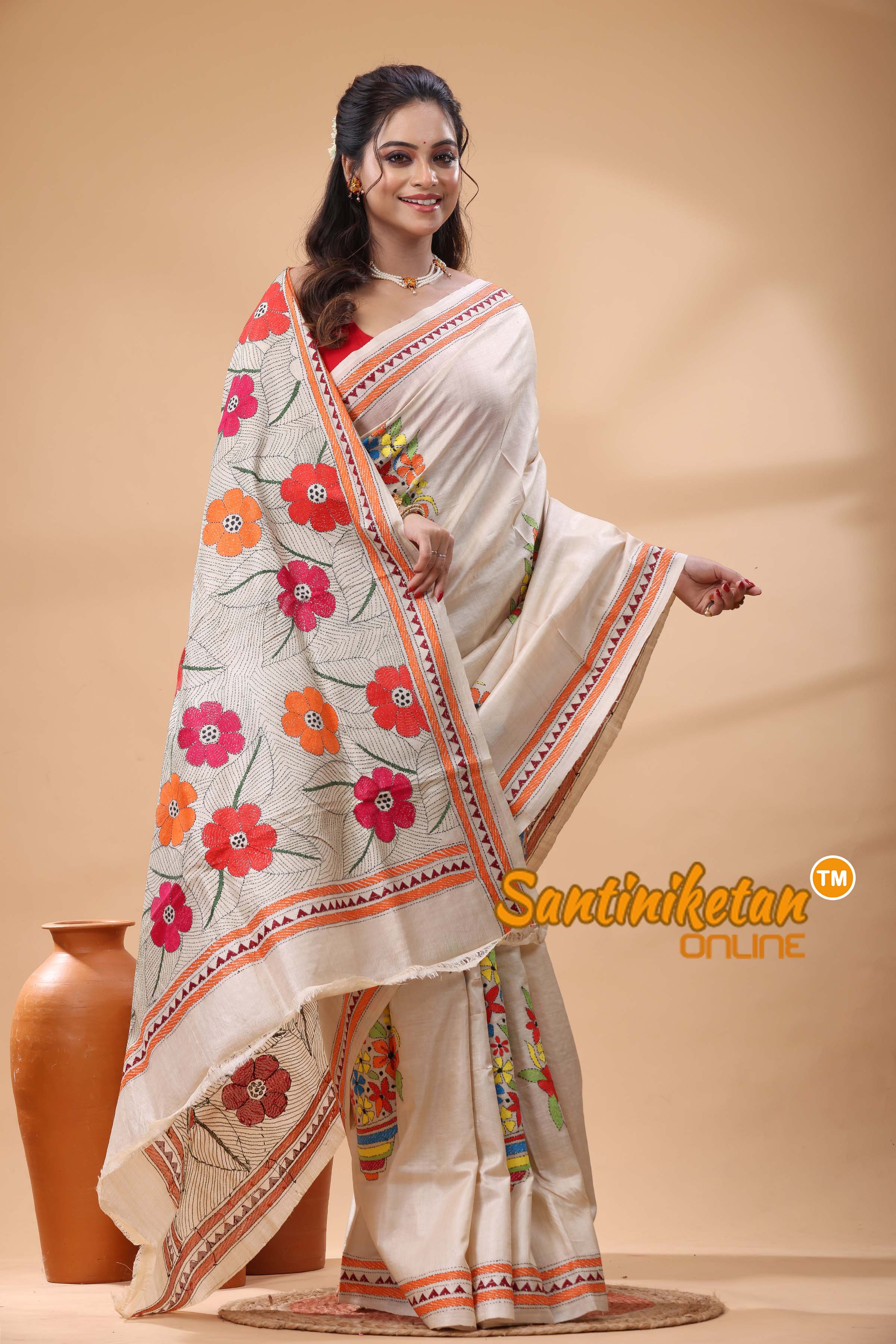 Pure Gachi Tussar Silk Kantha Stitch Saree