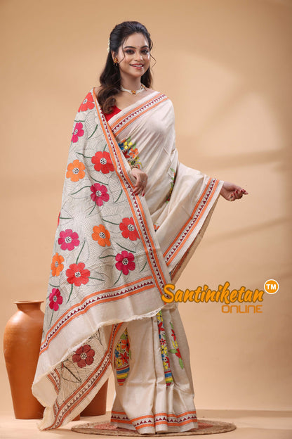 Pure Gachi Tussar Silk Kantha Stitch Saree