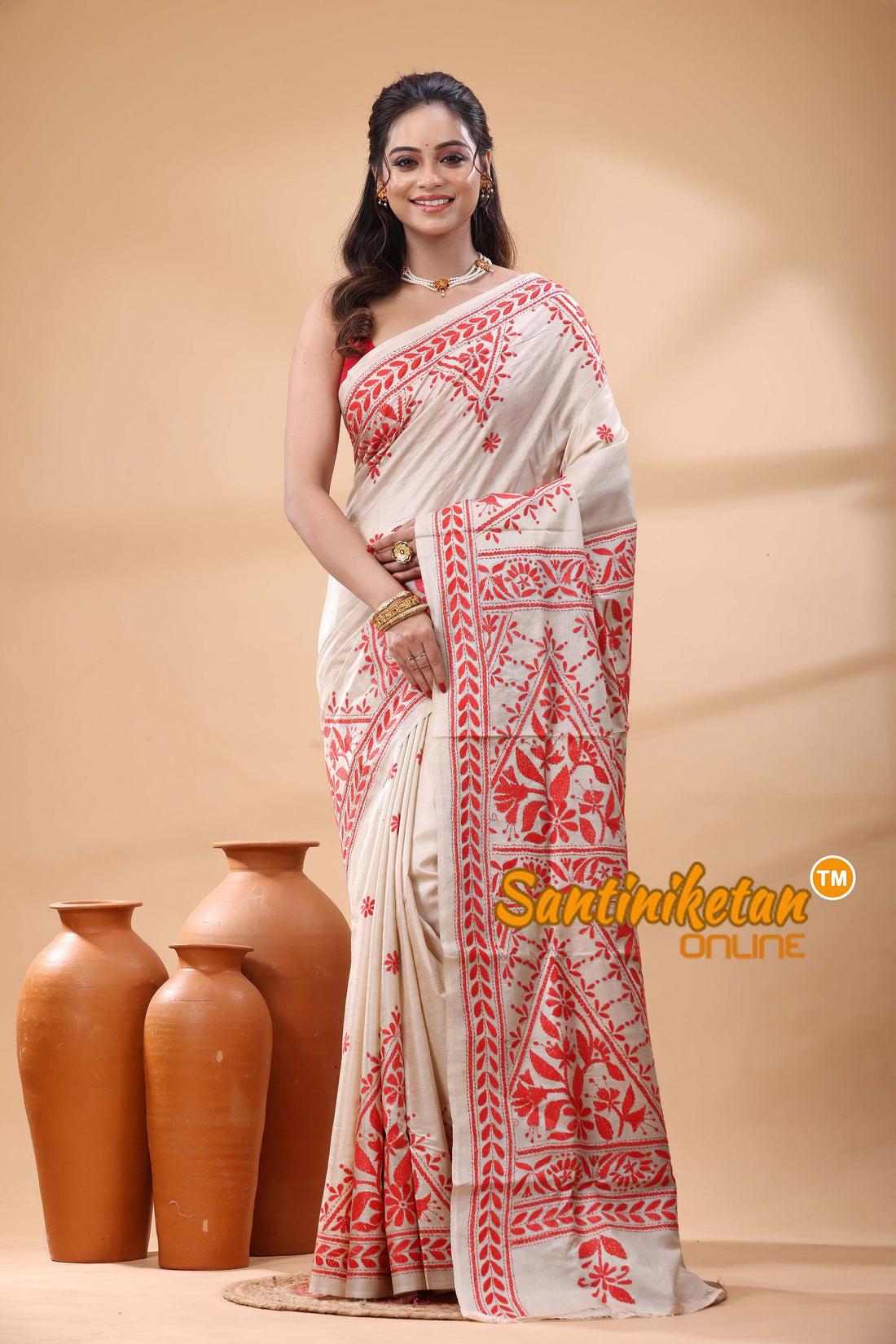 Pure Gachi Tussar Silk Kantha Stitch Saree