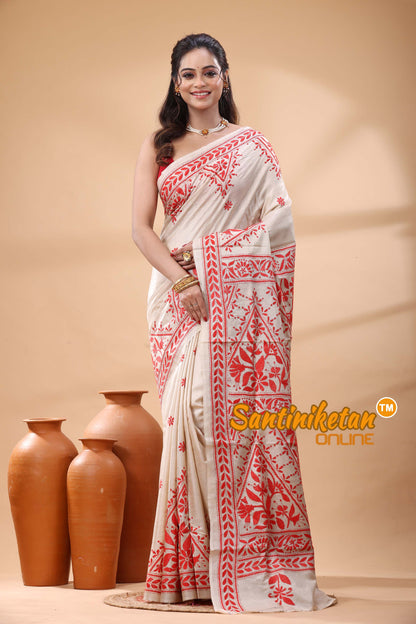 Pure Gachi Tussar Silk Kantha Stitch Saree