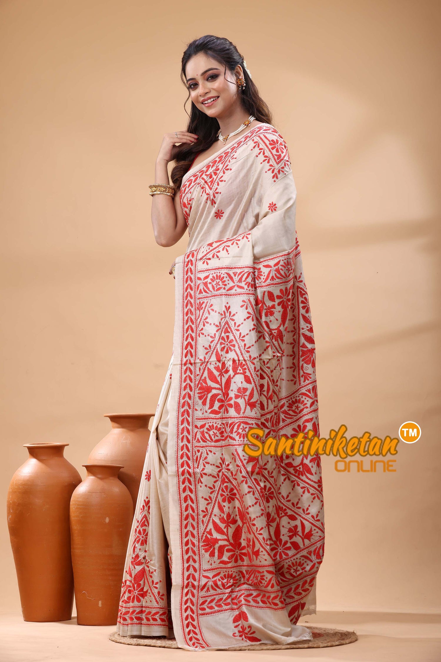 Pure Gachi Tussar Silk Kantha Stitch Saree