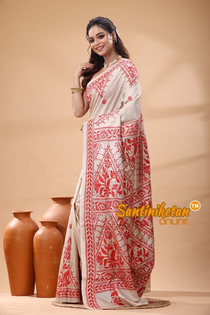 Pure Gachi Tussar Silk Kantha Stitch Saree
