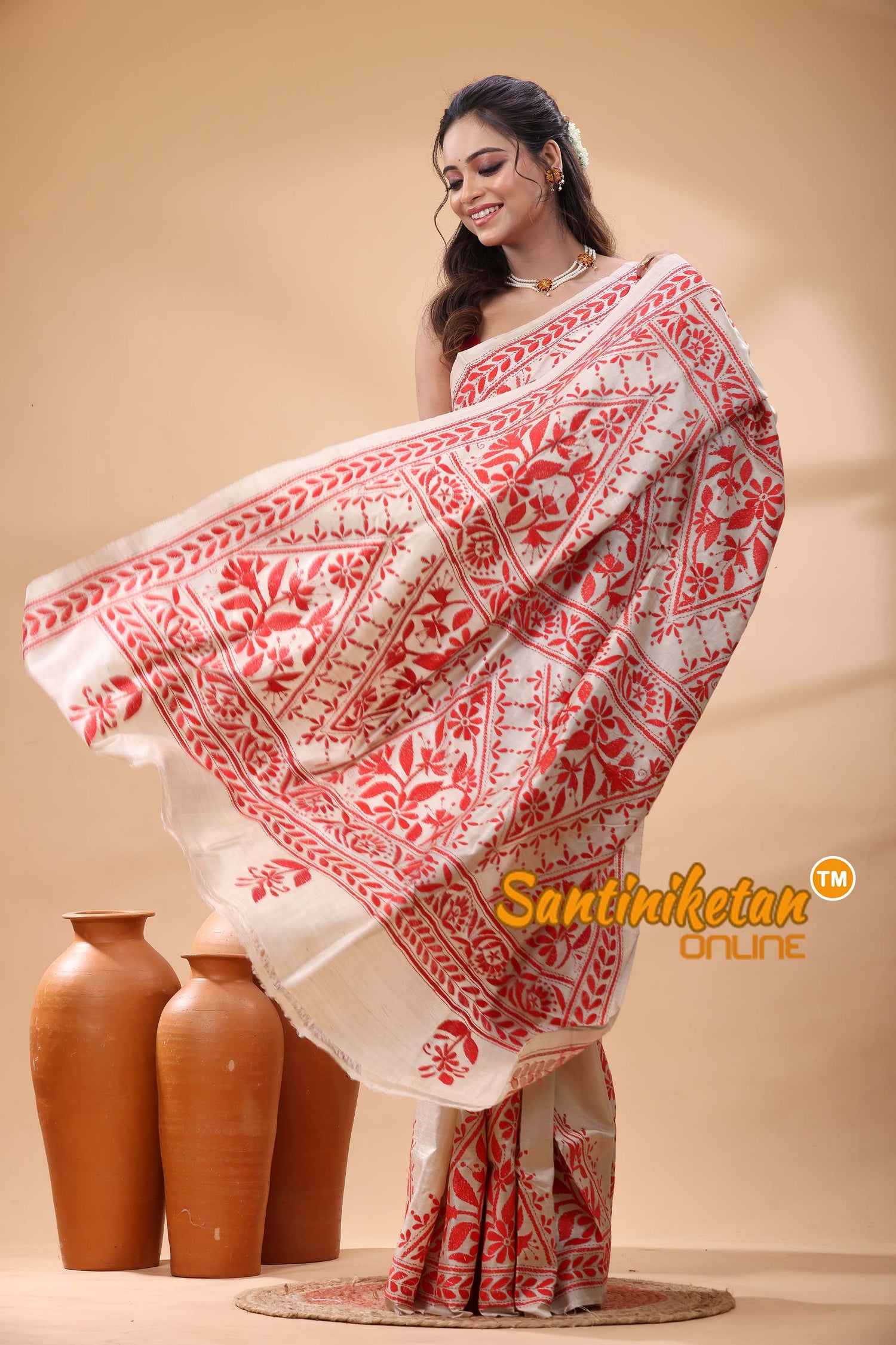 Pure Gachi Tussar Silk Kantha Stitch Saree