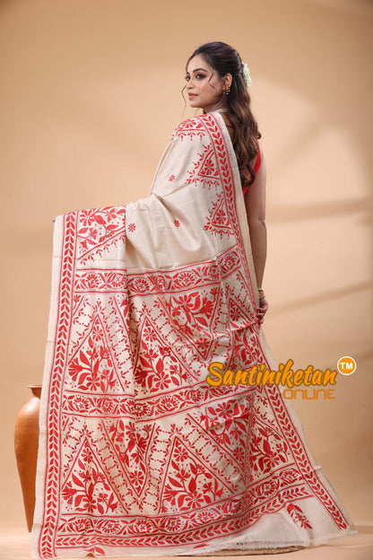 Pure Gachi Tussar Silk Kantha Stitch Saree