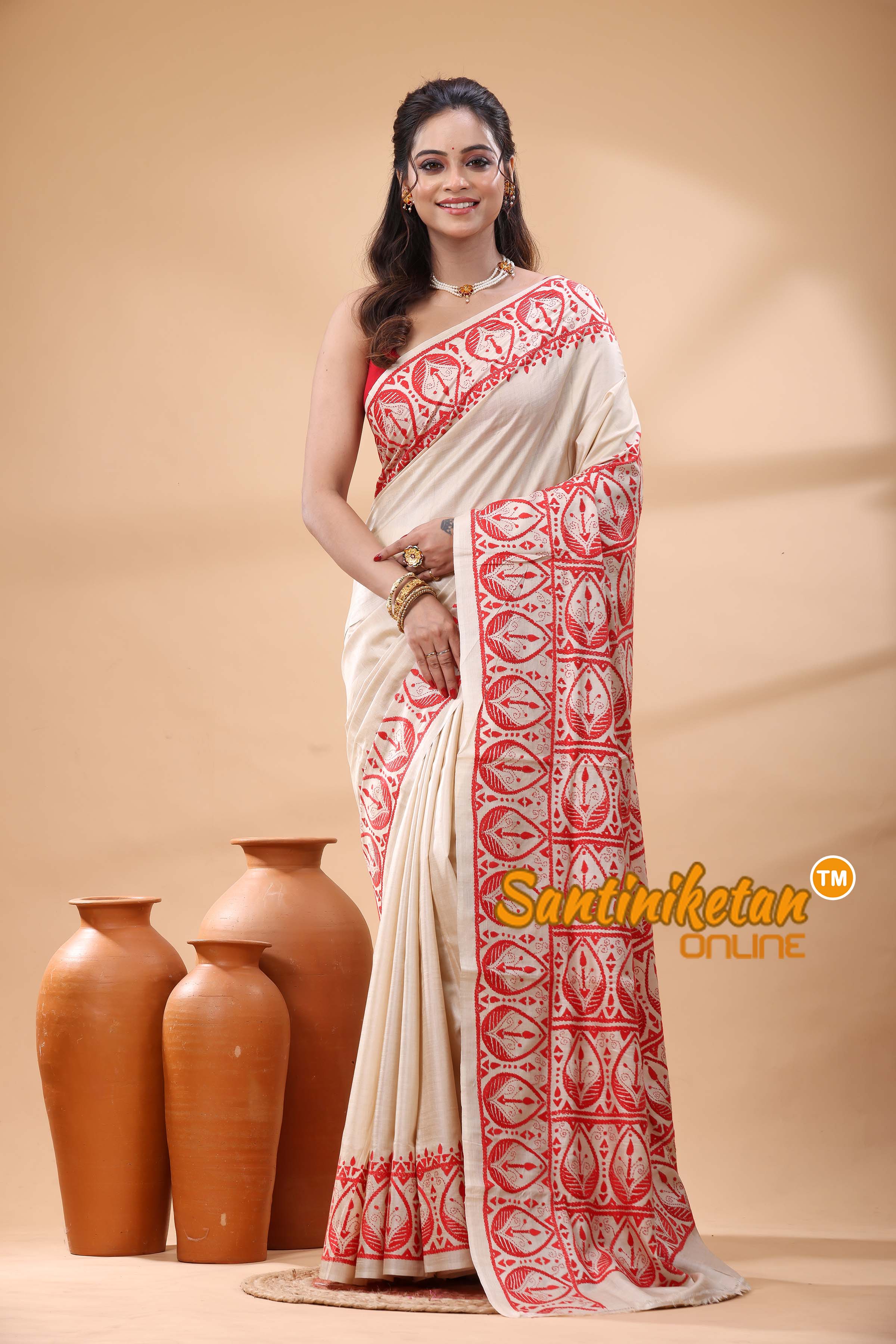 Pure Gachi Tussar Silk Kantha Stitch Saree