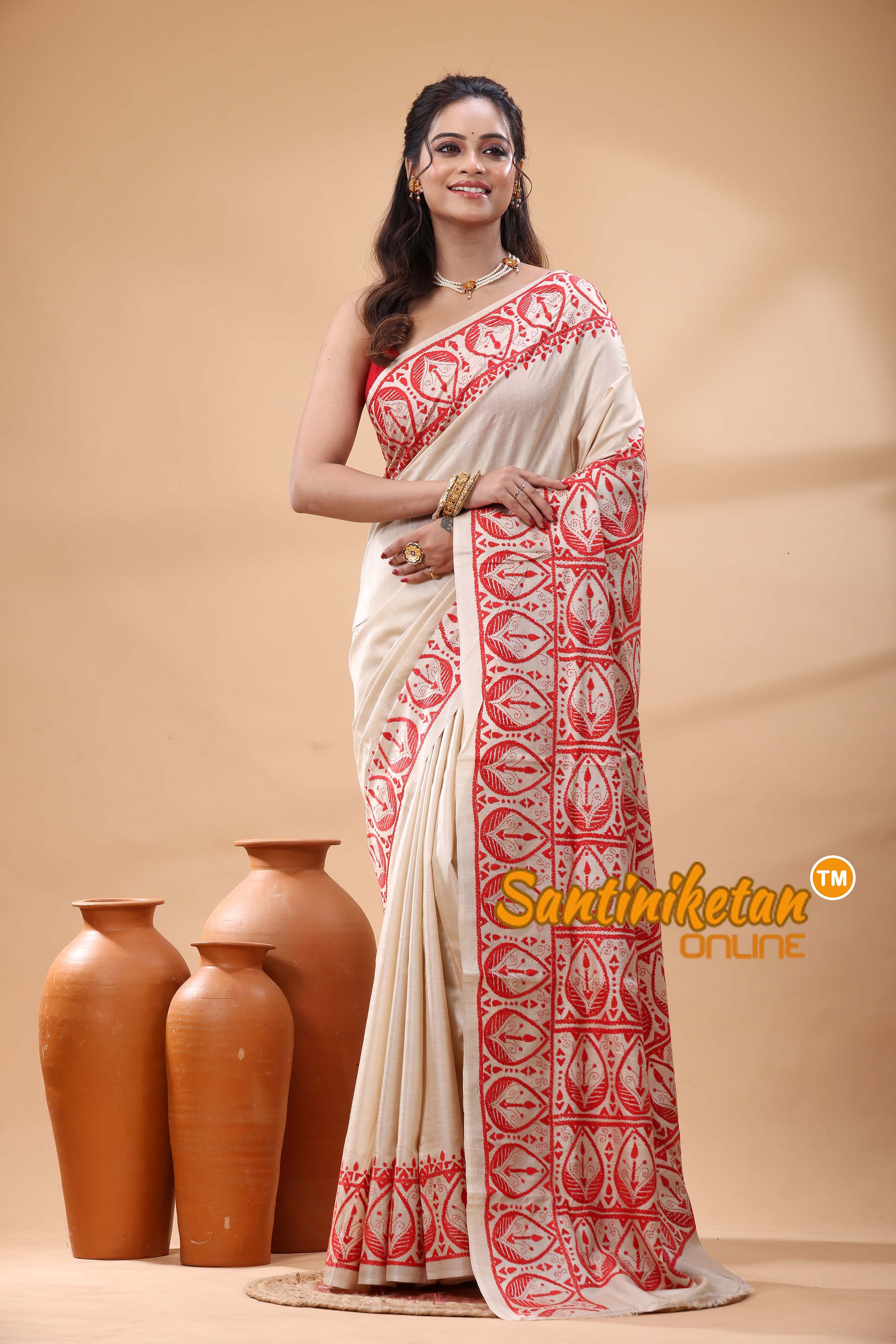 Pure Gachi Tussar Silk Kantha Stitch Saree