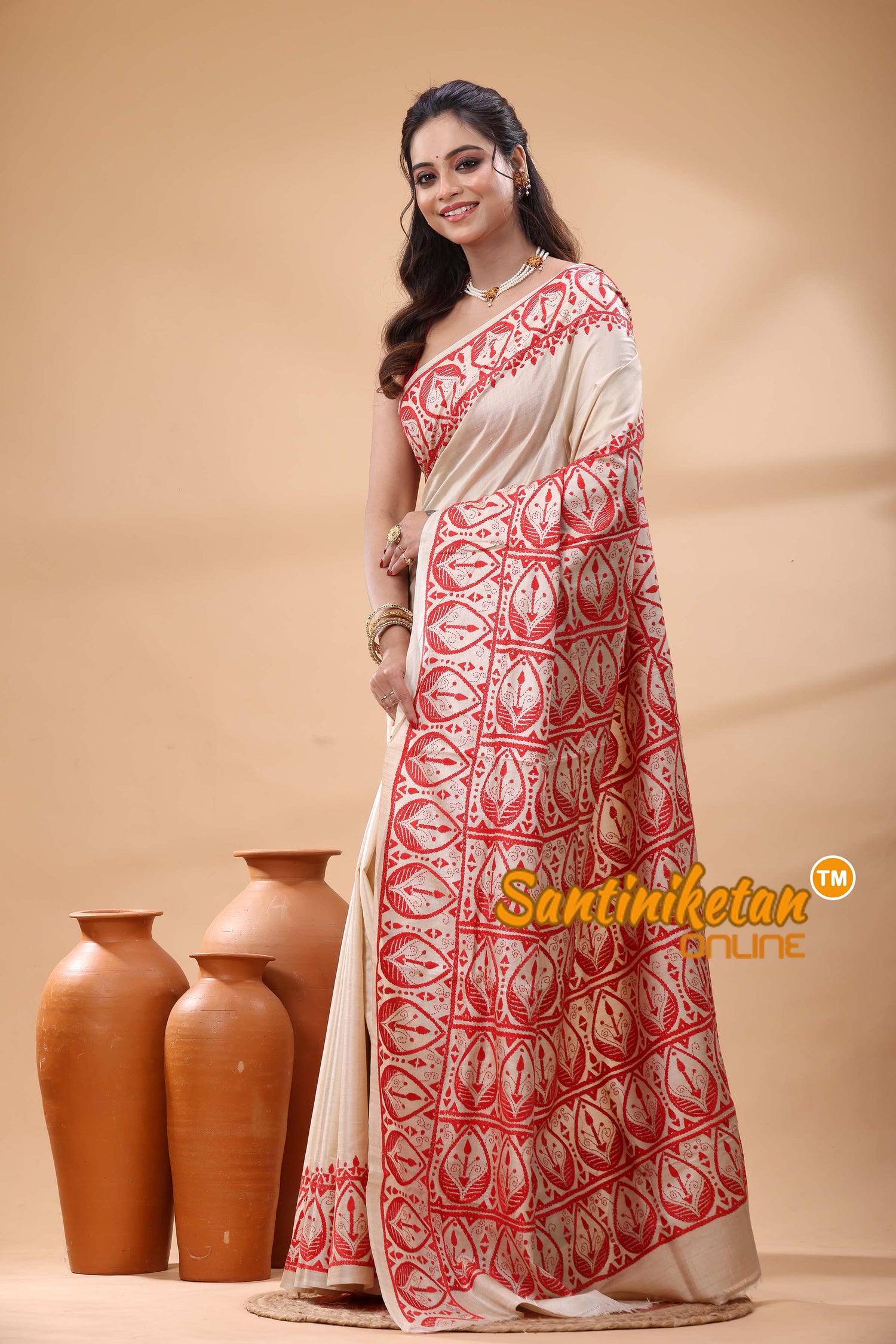 Pure Gachi Tussar Silk Kantha Stitch Saree