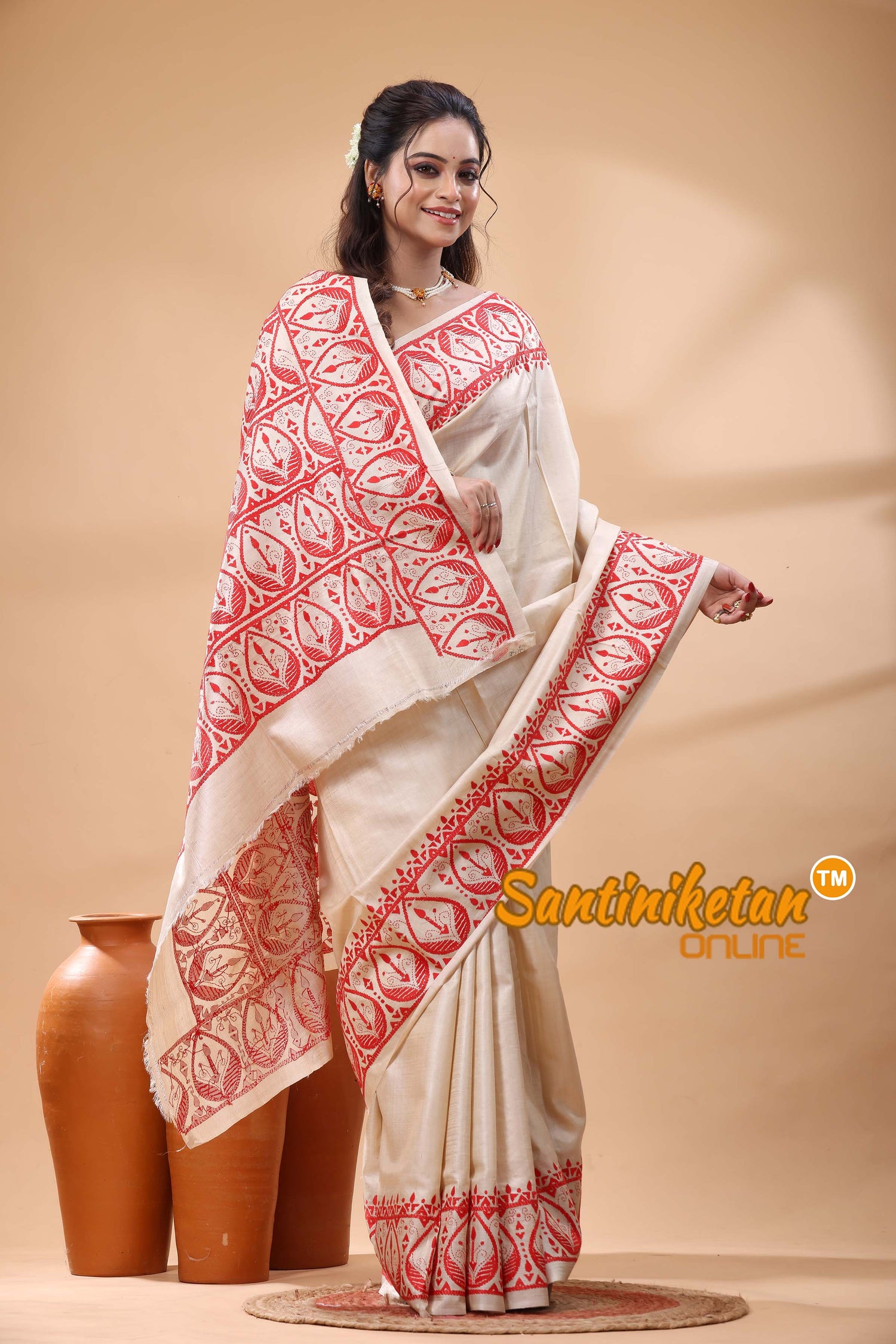 Pure Gachi Tussar Silk Kantha Stitch Saree