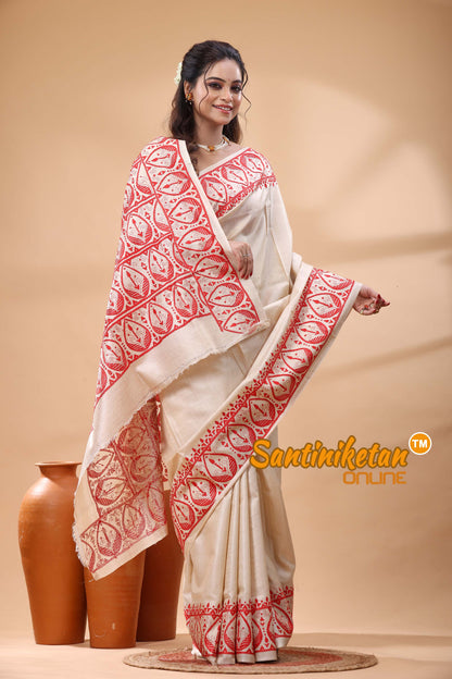 Pure Gachi Tussar Silk Kantha Stitch Saree