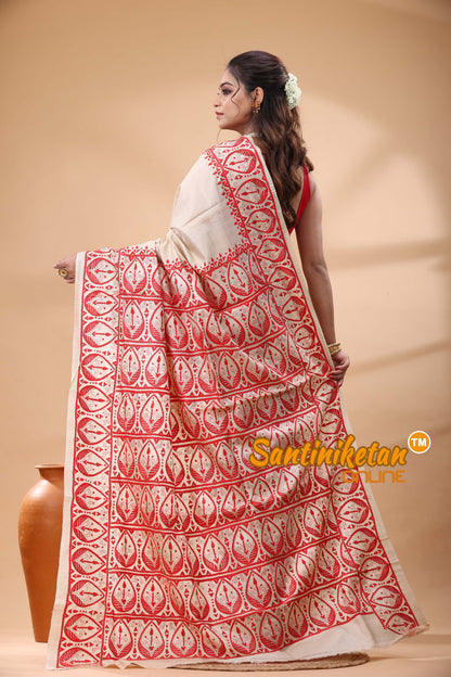 Pure Gachi Tussar Silk Kantha Stitch Saree