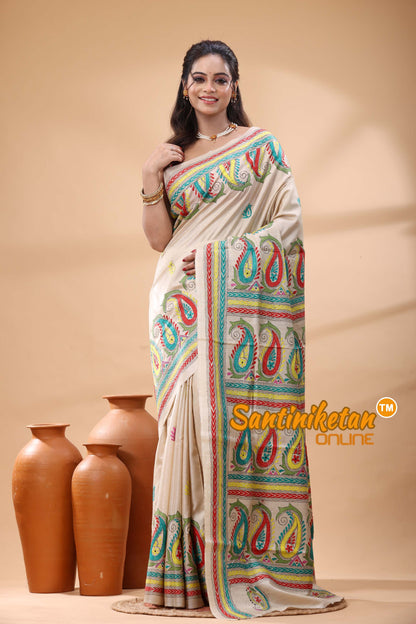 Pure Gachi Tussar Silk Kantha Stitch Saree