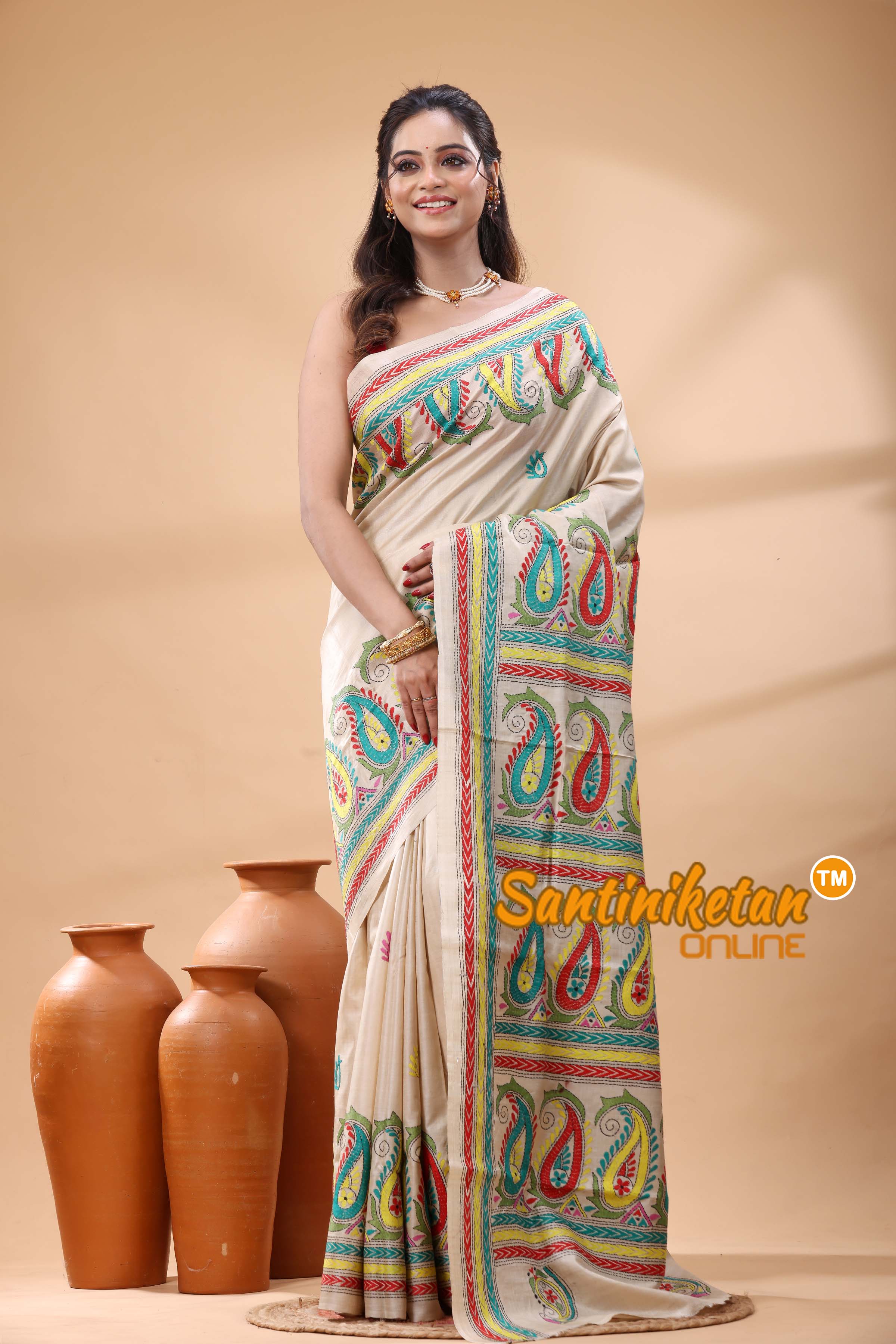 Pure Gachi Tussar Silk Kantha Stitch Saree
