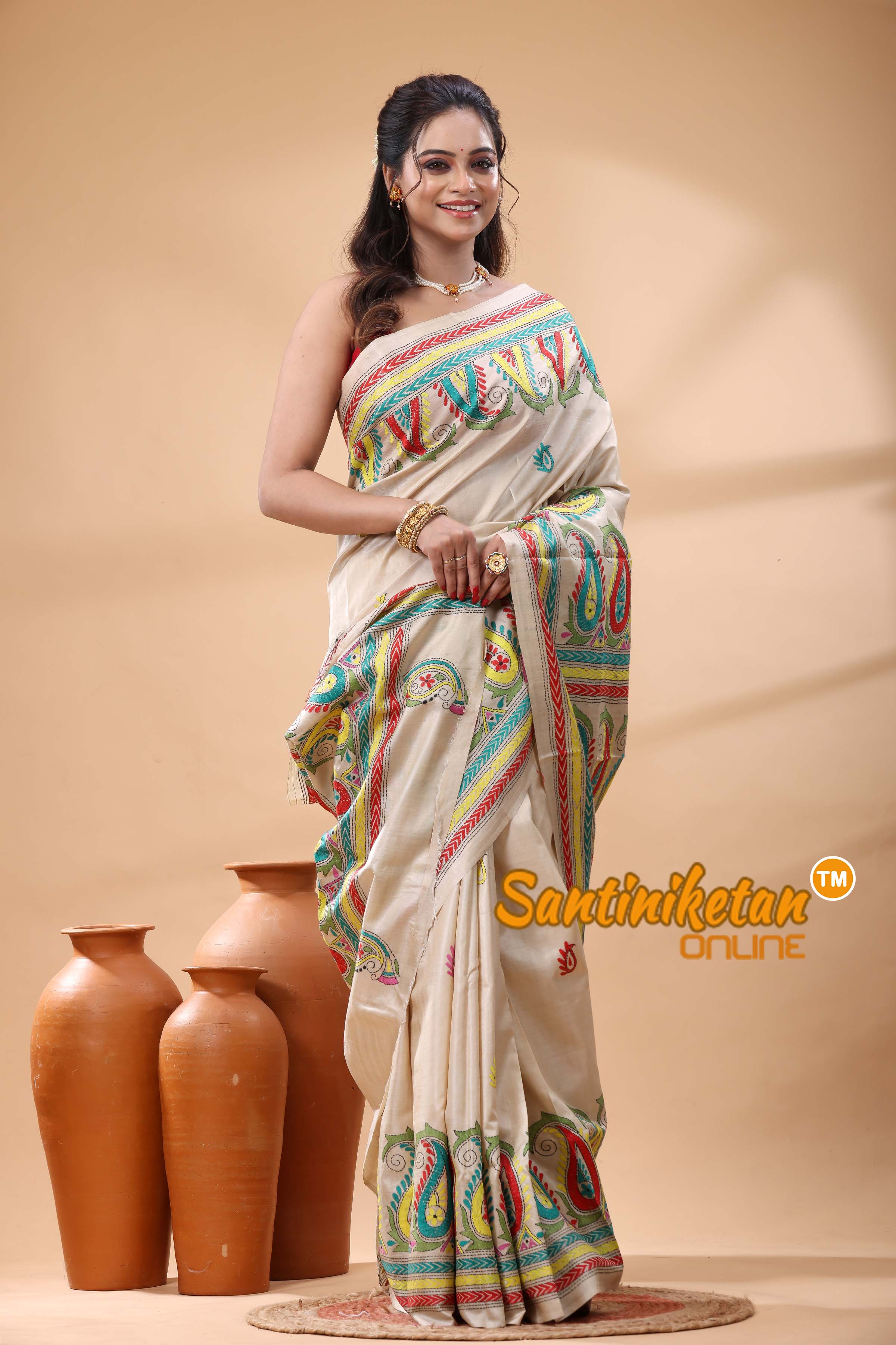 Pure Gachi Tussar Silk Kantha Stitch Saree