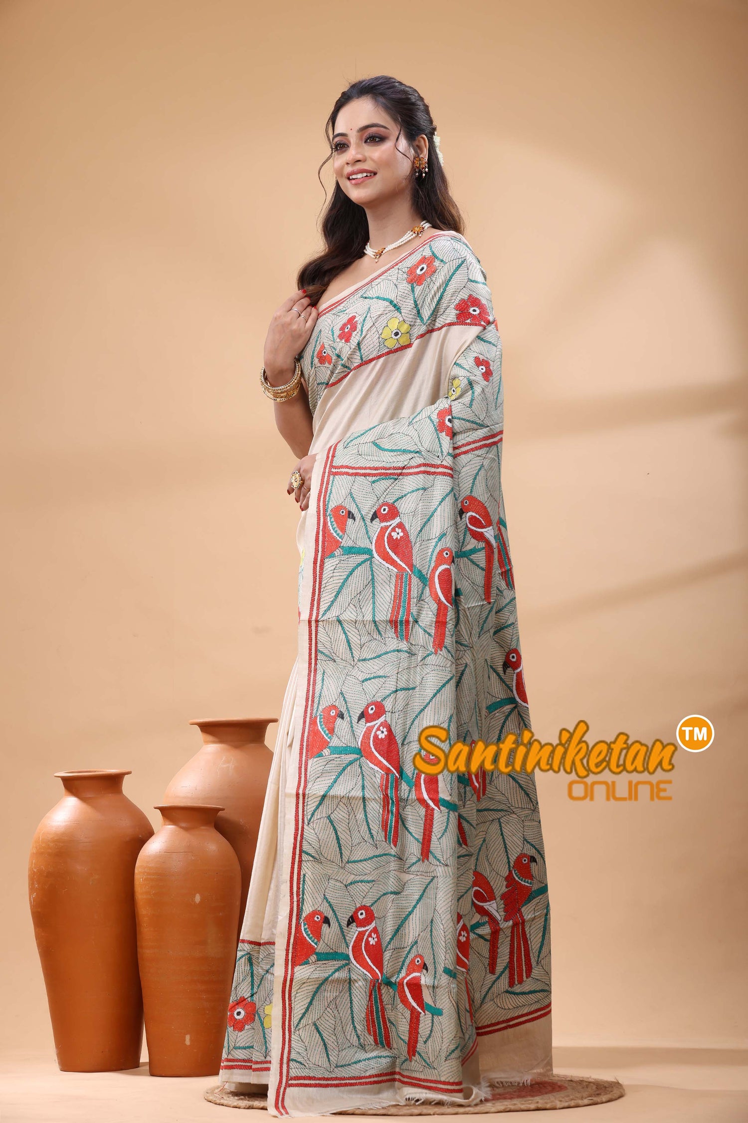 Pure Gachi Tussar Silk Kantha Stitch Saree