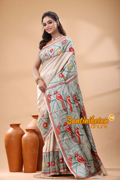 Pure Gachi Tussar Silk Kantha Stitch Saree