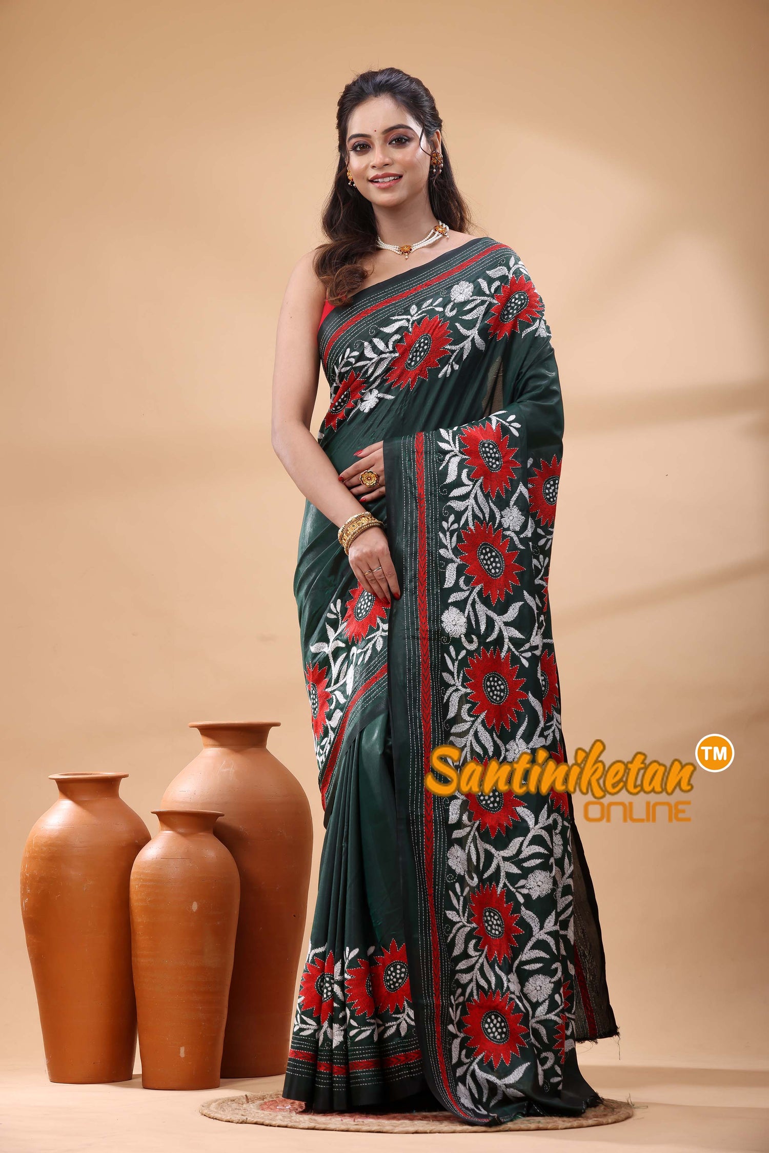 Bangalore Silk Kantha Stitch Saree