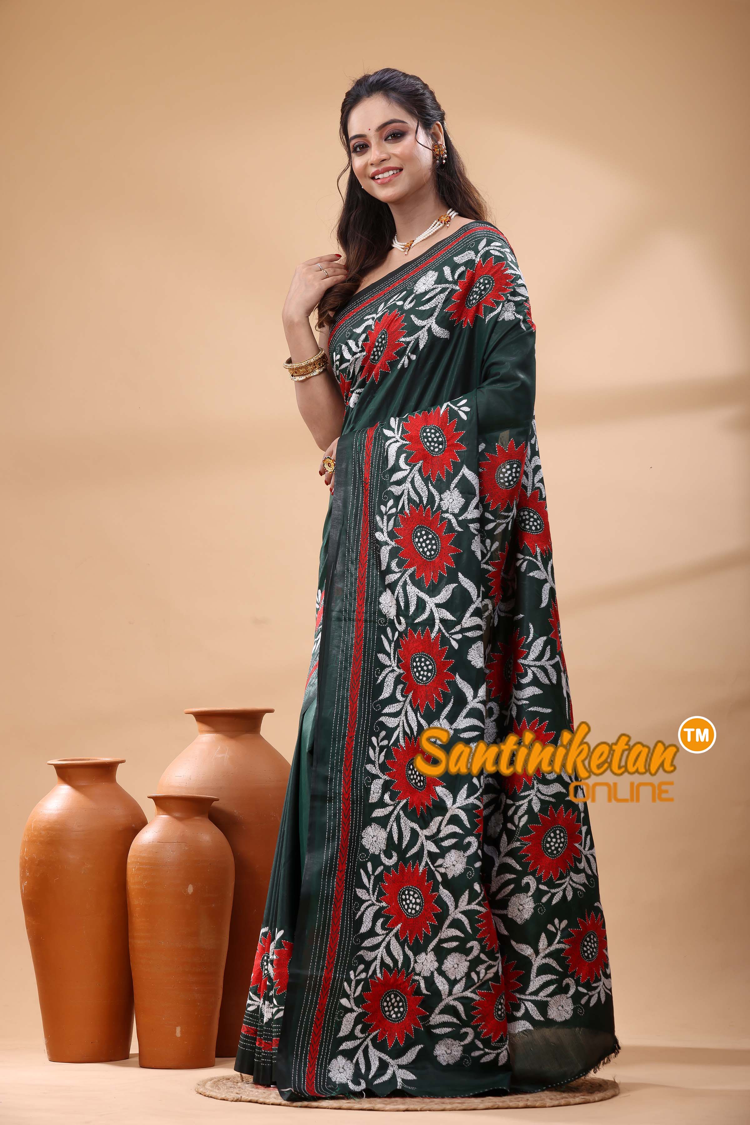 Bangalore Silk Kantha Stitch Saree