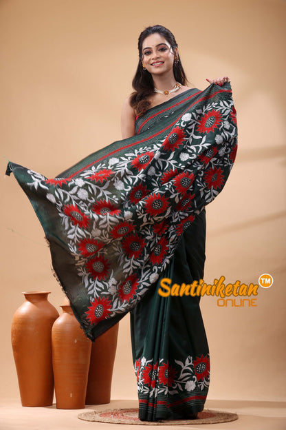 Bangalore Silk Kantha Stitch Saree
