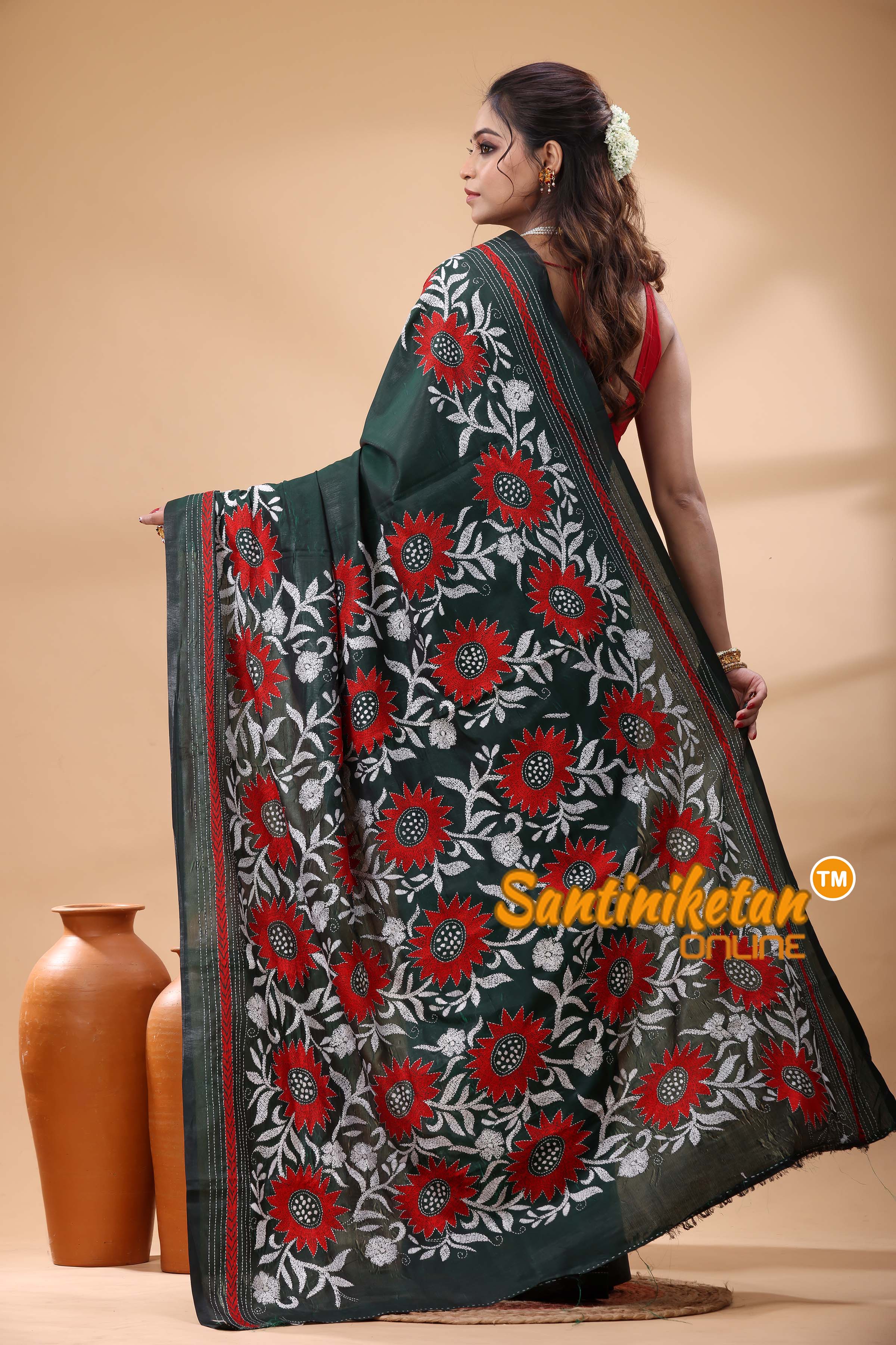 Bangalore Silk Kantha Stitch Saree