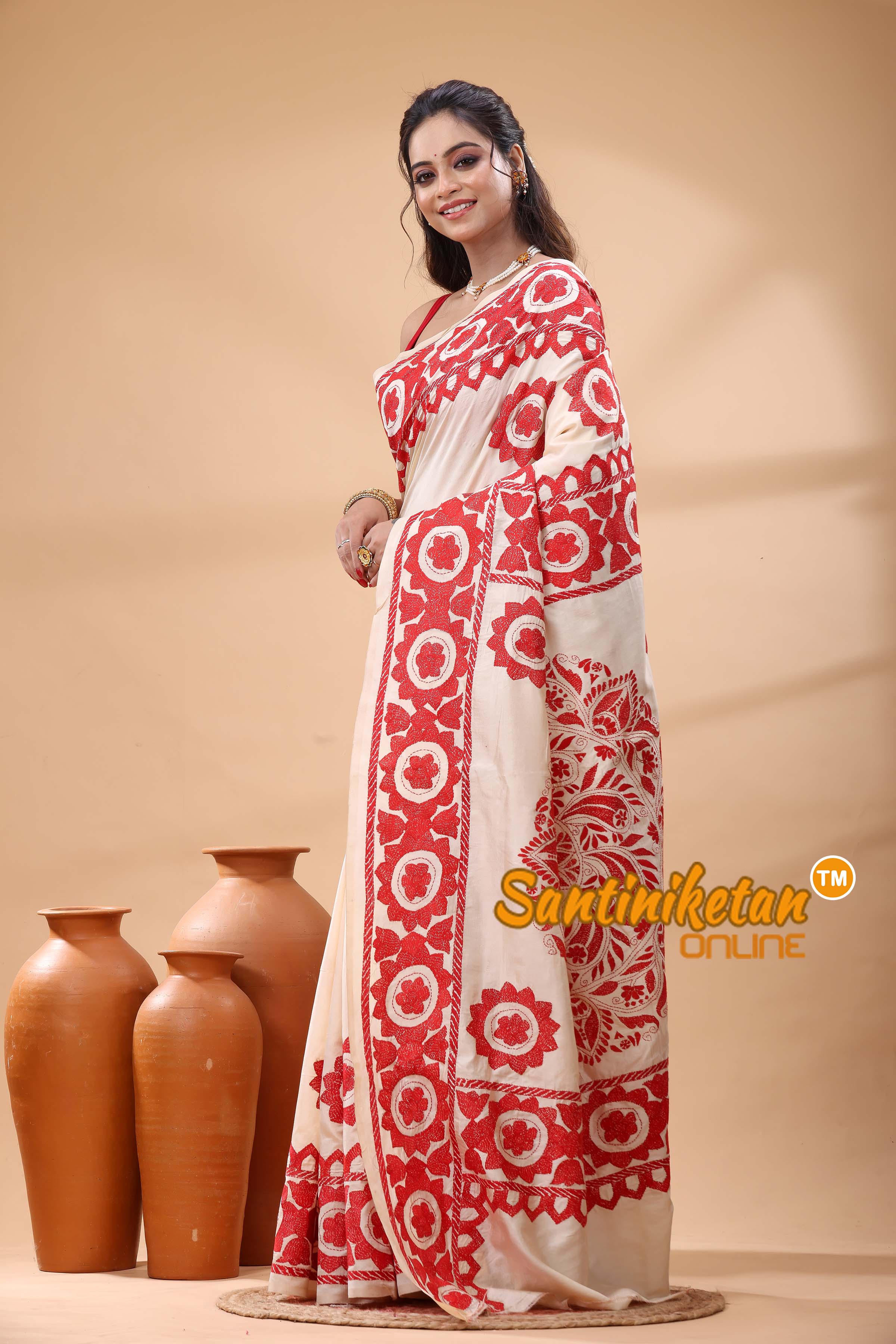 Tussar Silk Kantha Stitch Saree