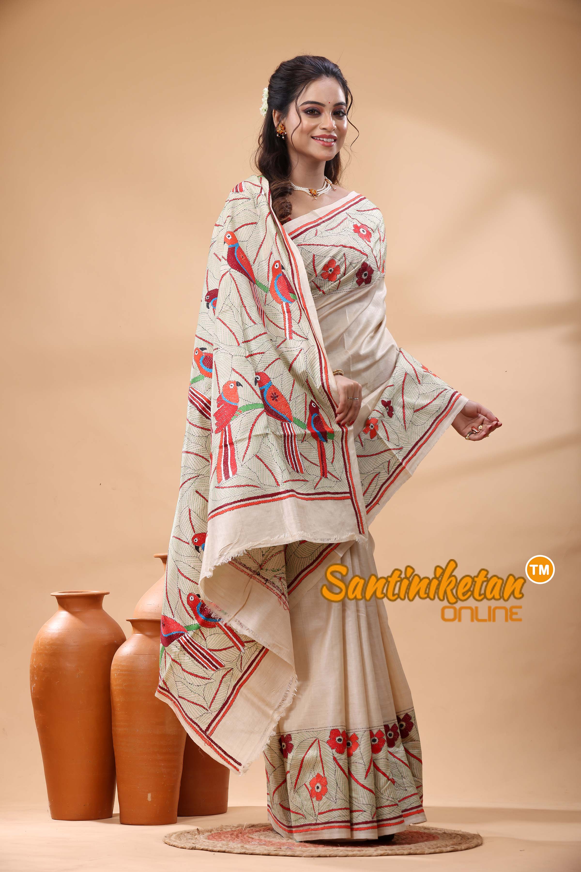 Pure Gachi Tussar Silk Kantha Stitch Saree