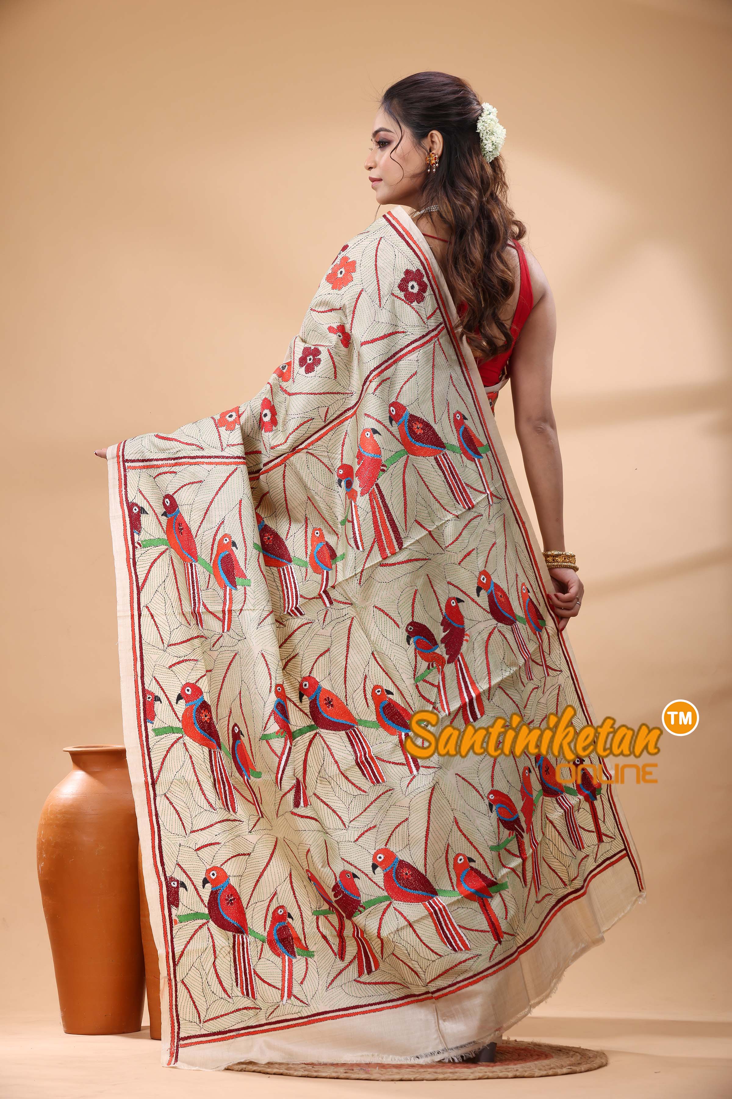 Pure Gachi Tussar Silk Kantha Stitch Saree