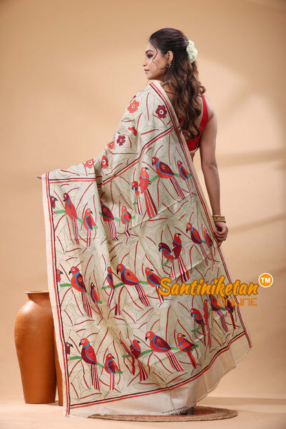 Pure Gachi Tussar Silk Kantha Stitch Saree